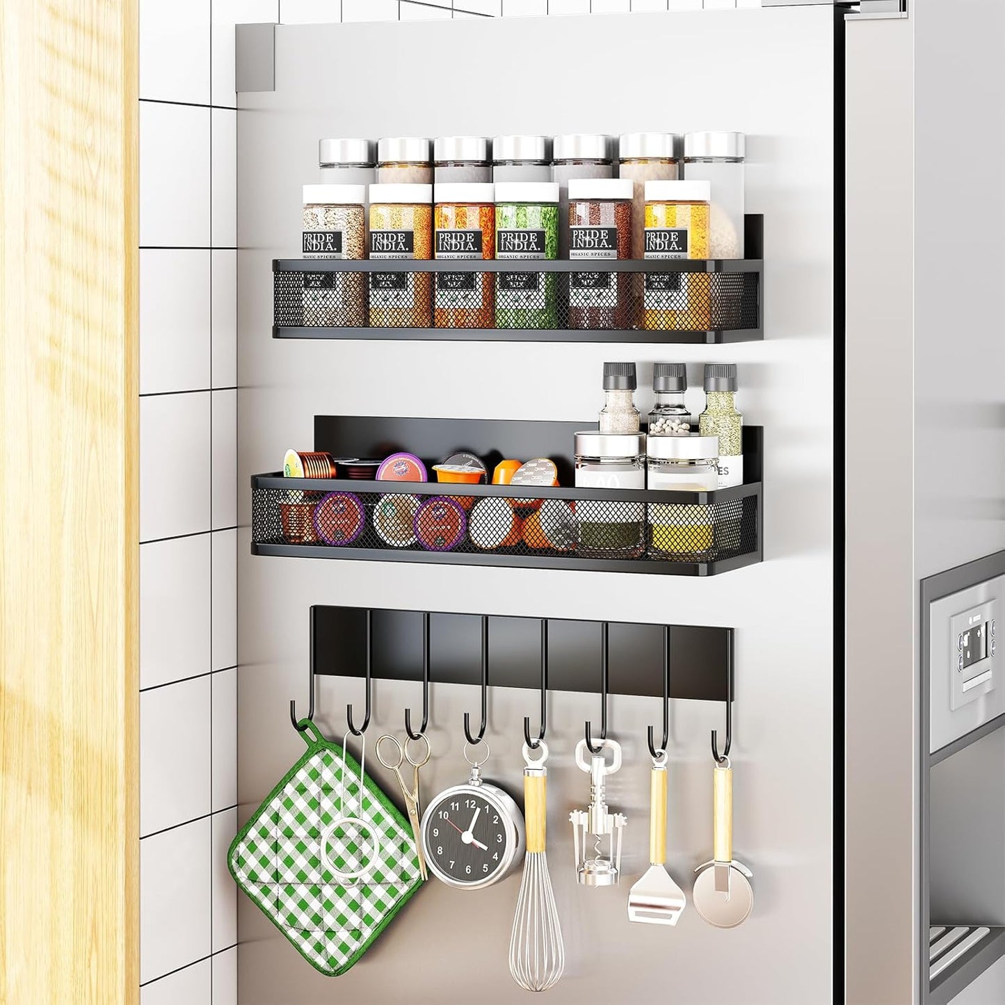 Magnetic Spice Rack for Refrigerator, 3 Pack Magnetic Shelf, Moveable Fridge Organizer with 8-Hook Rack, Seasoning Organizer for Kitchen