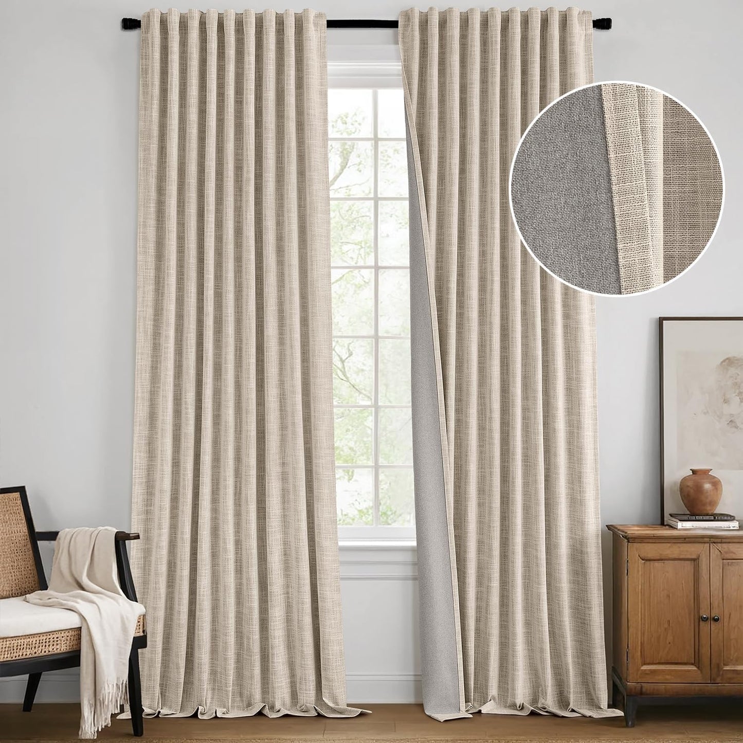 MIULEE Beige 100% Blackout Linen Curtains 108 Inch 2 Panels Set Double Sided No Coating Pleated Back Tab Black Out Extra Long Thermal Insulated Pinch Pleat Bedroom Living Room Darkening Window Drapes