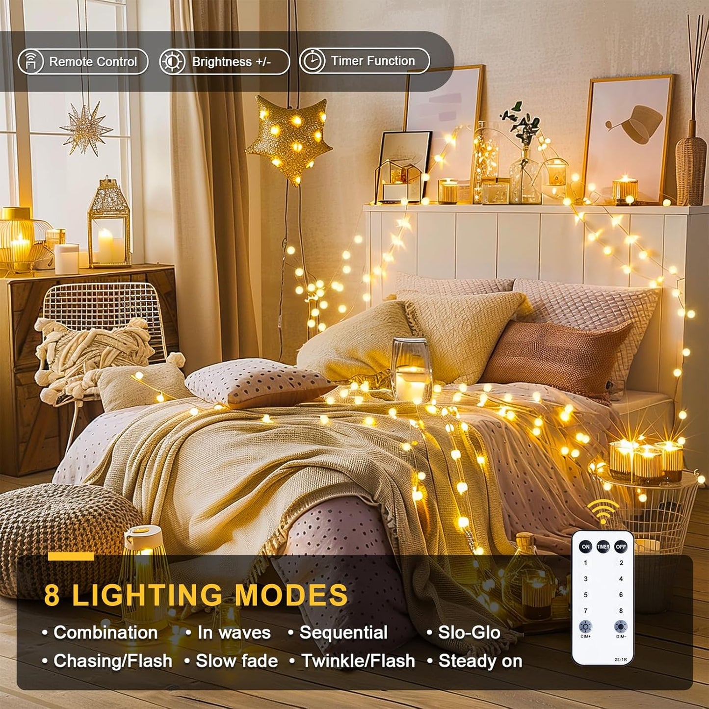 100ft Globe String Lights Indoor Outdoor Waterproof, 200 LED Christmas fairy Lights Plug in with Remote, Connectable Hanging Lights for Bedroom Classroom Camping Patio Wedding Garden Decor, Warm White