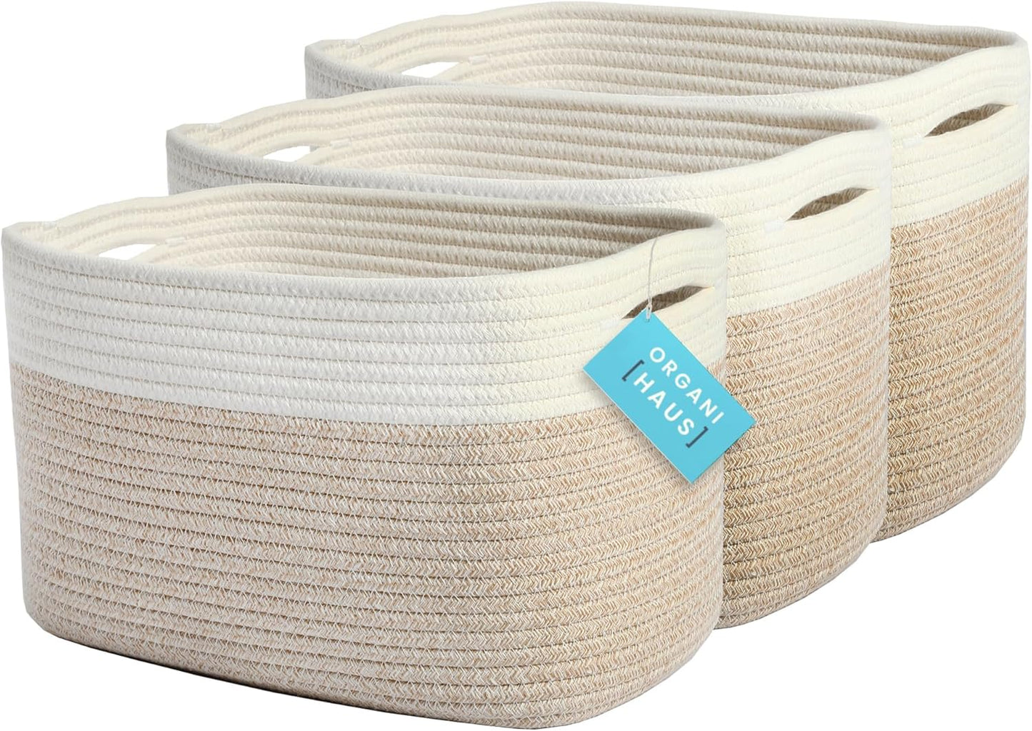 OrganiHaus Set of 3 Woven Storage Baskets for Organizing, Cotton Rope Organizer Bins for Shelves, Closet & Nursery, Dog Toy Basket, Decorative Bins for Toys, Towels & Books - 15x10x9, Light Honey