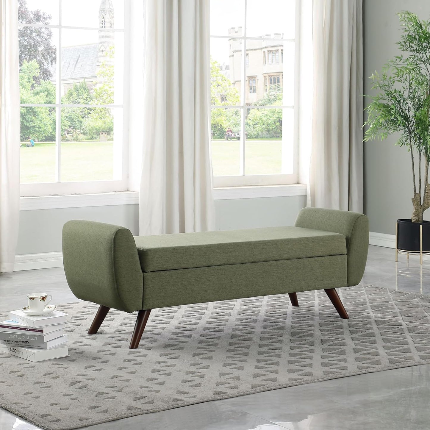 HomePop Modern Storage Bench with Wood Legs Home Décor|Bench with Storage for Living Room & Bedroom - Olive Green Woven