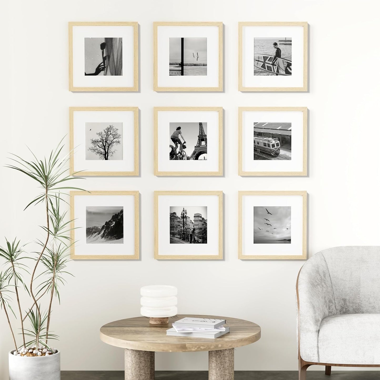 Vittanly 12x12 Picture Frames Set of 9, Shatter Resistant Plexiglass, Display 8x8 Pictures with Mat or 12x12 without Mat, Photo Frames for Wall Mount, Engineered Wood, OAK