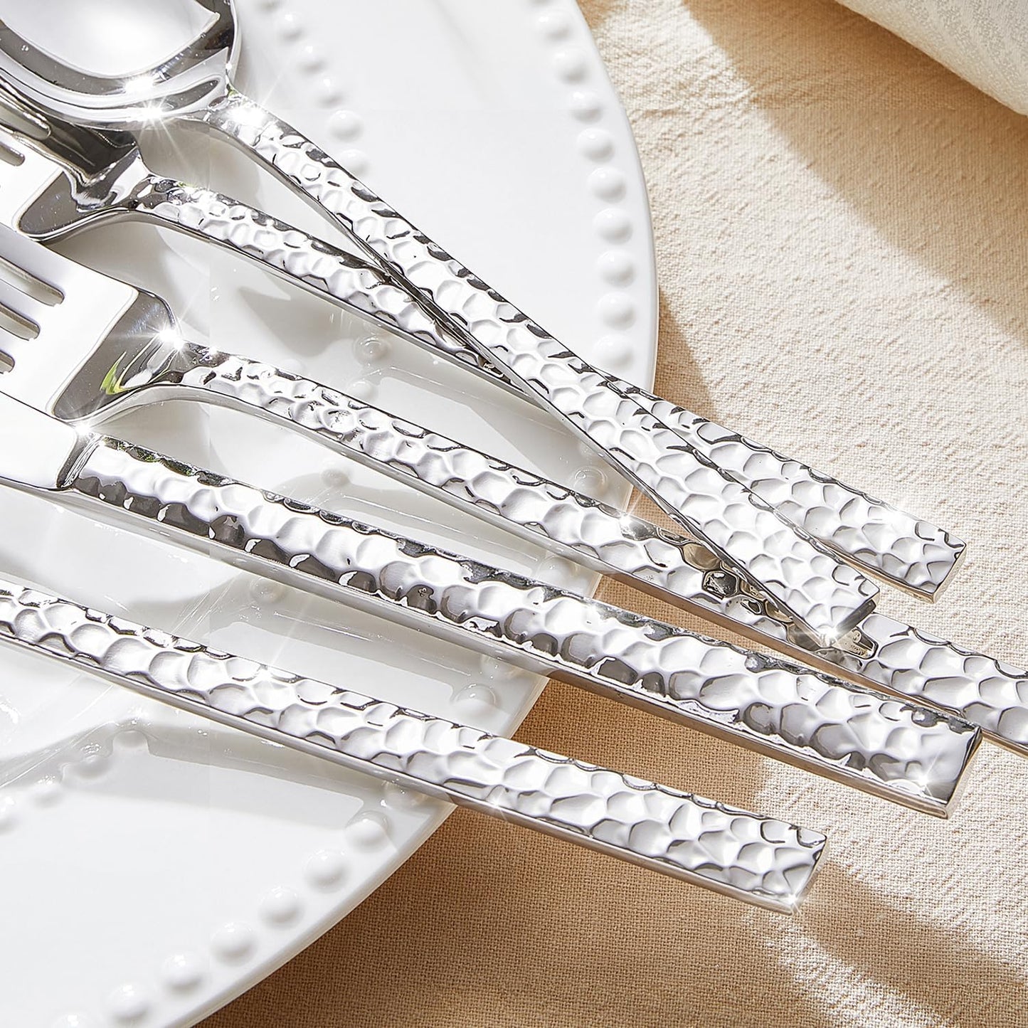 KINGSTONE 30 Piece Hammered Silverware Set, 18/10 Stainless Steel Flatware Set for 6, Cutlery Set for Home, Party, Wedding, Mirror Polished Dishwasher Safe