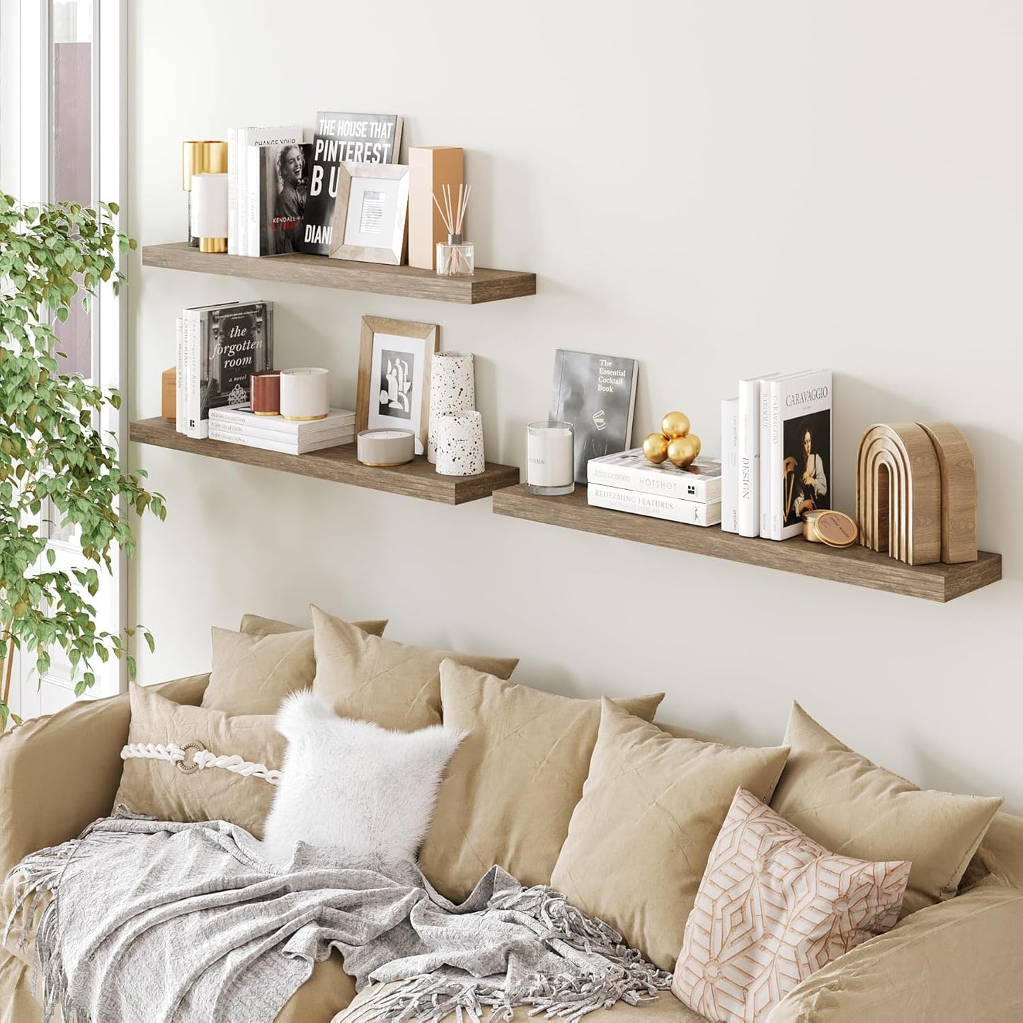 BAMEOS Floating Shelves, Wall Mounted Wooden Shelves with Invisible Brackets Set of 3, Hanging Wall Shelves Decoration for Bedroom, Bathroom, Living Room and Kitchen