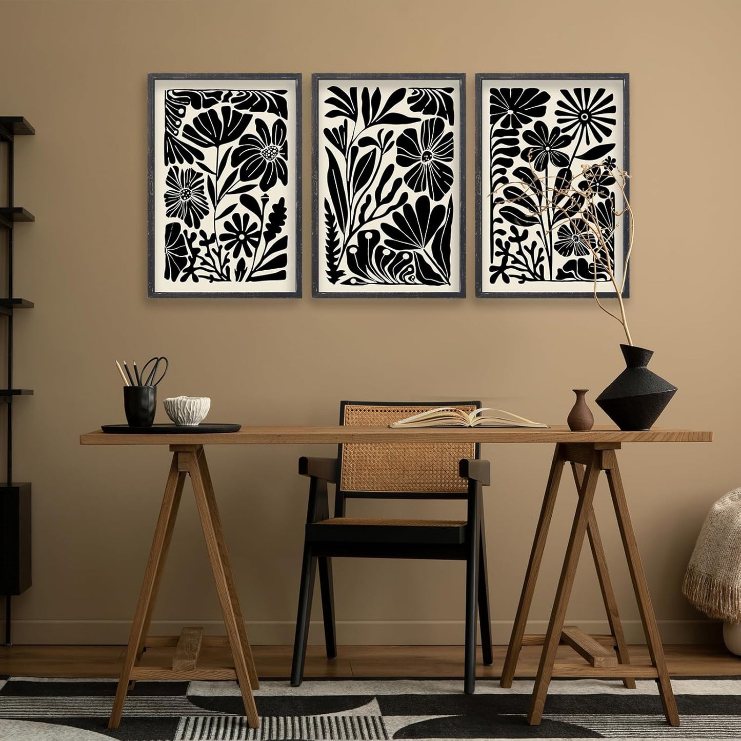 Abstract Floral Botanical Wall Art 16x24 Inch 3 Piece Black Vintage Boho Plant Flower Minimalist Wood Frame Sign Home Living Room Family Office Mid Century Print Wall Hanging Decor (Black)