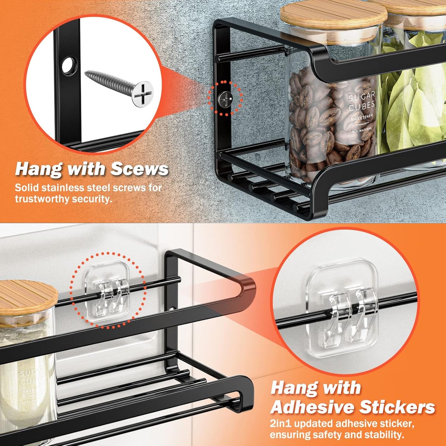 Spice Rack wall mounted 2 Pack, Space-Saving Spice Organizer for Spice Jars and Seasonings,Screw or Adhesive Hanging Spice Rack Organizer for Your Kitchen Cabinet,or Pantry Door