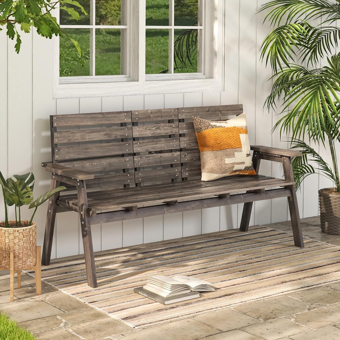 Tangkula Outdoor Fir Wood Bench with Foldable Middle Table, 2-3 Person Garden Bench with Backrest and Armrests, 710 lbs Weight Capacity, Slatted Seat Bench for Porch, Patio, Backyard