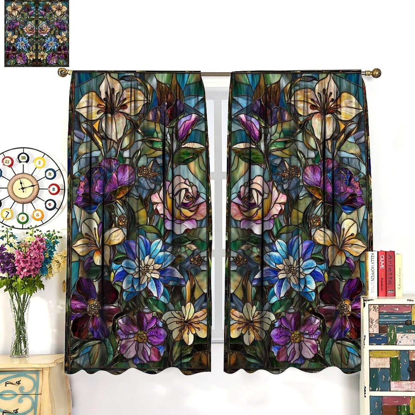 Stained Glass Curtains,Retro Colored Glass Flowers Art Home Decor Drapes for Bedroom Living Room Kitchen Window Treatment 2 Panels Set Total Size 55" W X 63" L Inch