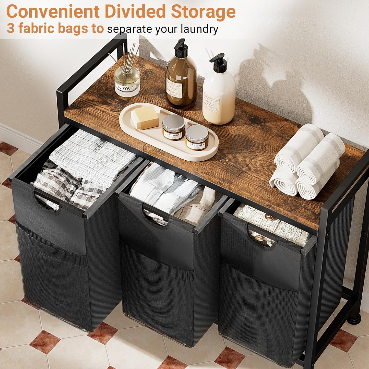 Lulive Laundry Hamper, Laundry Basket Organizer with 3 Pull-Out Removable Bags & Large Top Shelf, 3 × 12.5 Gal (142L) Freestanding Laundry Sorter 3 Sections for Laundry Room, Bathroom and Dorm