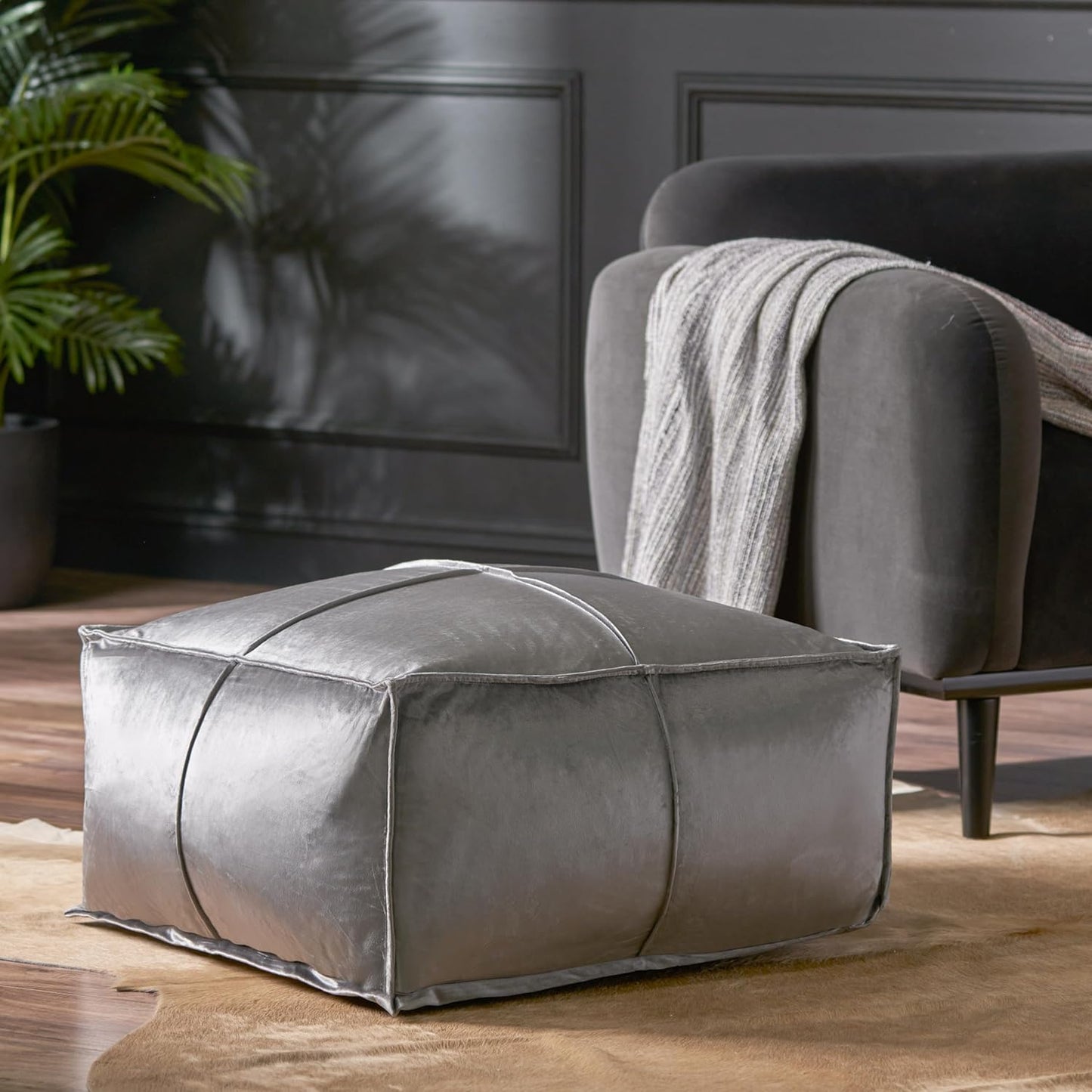 GDFStudio Modern Glam Velvet Square Pouf Ottoman Foot Stool - Bean Bag Floor Chair - Foot Rest Couch for Living Room Bedroom,Smoke,24" x 24" x 12"