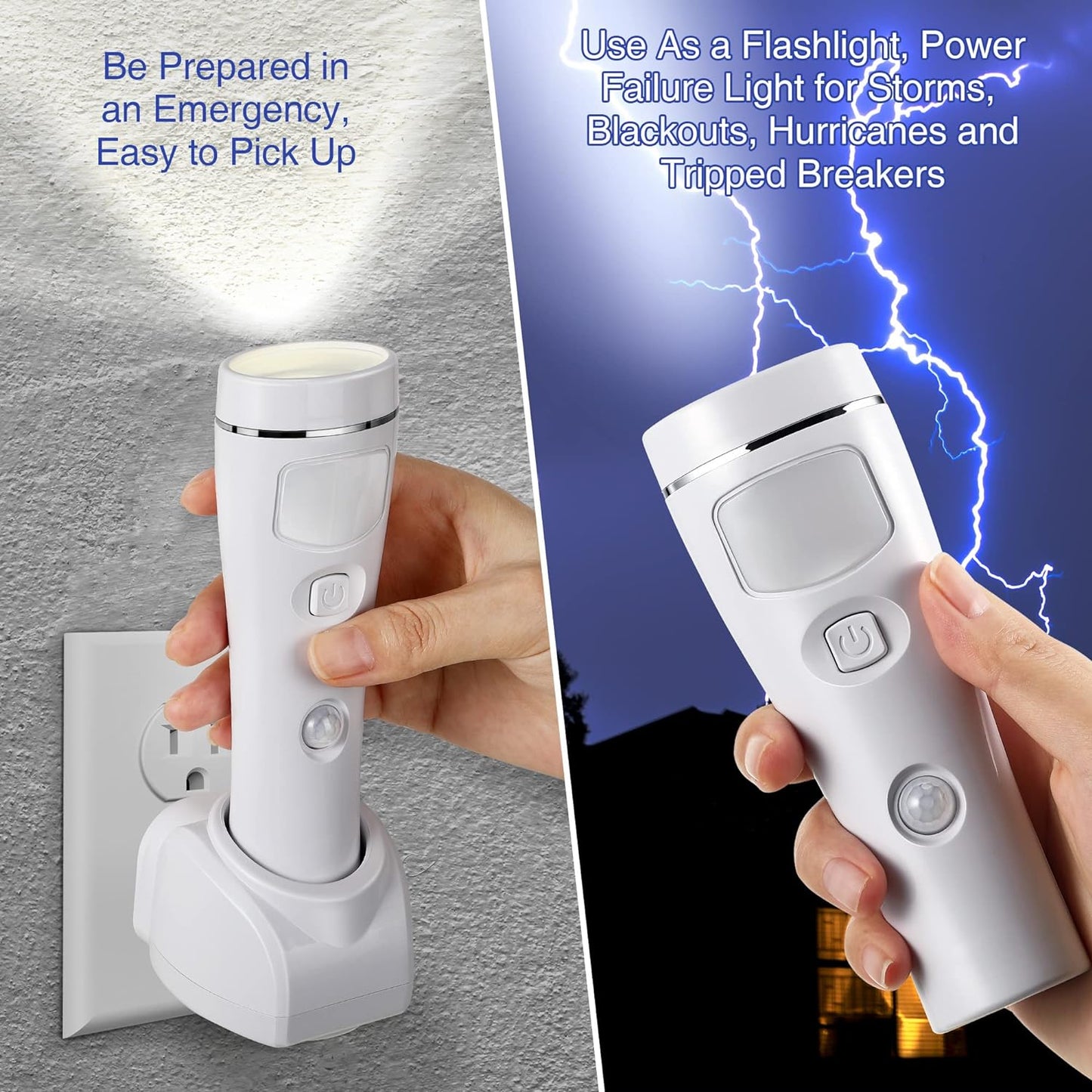 Enhon 4 in 1 LED Emergency Lights for Home Power Failure, 4 Pack Rechargeable Plug in Flashlight Motion Sensor Night Light, Automatic Turn On Power Outage Light for Home Hurricane Supplies(White)