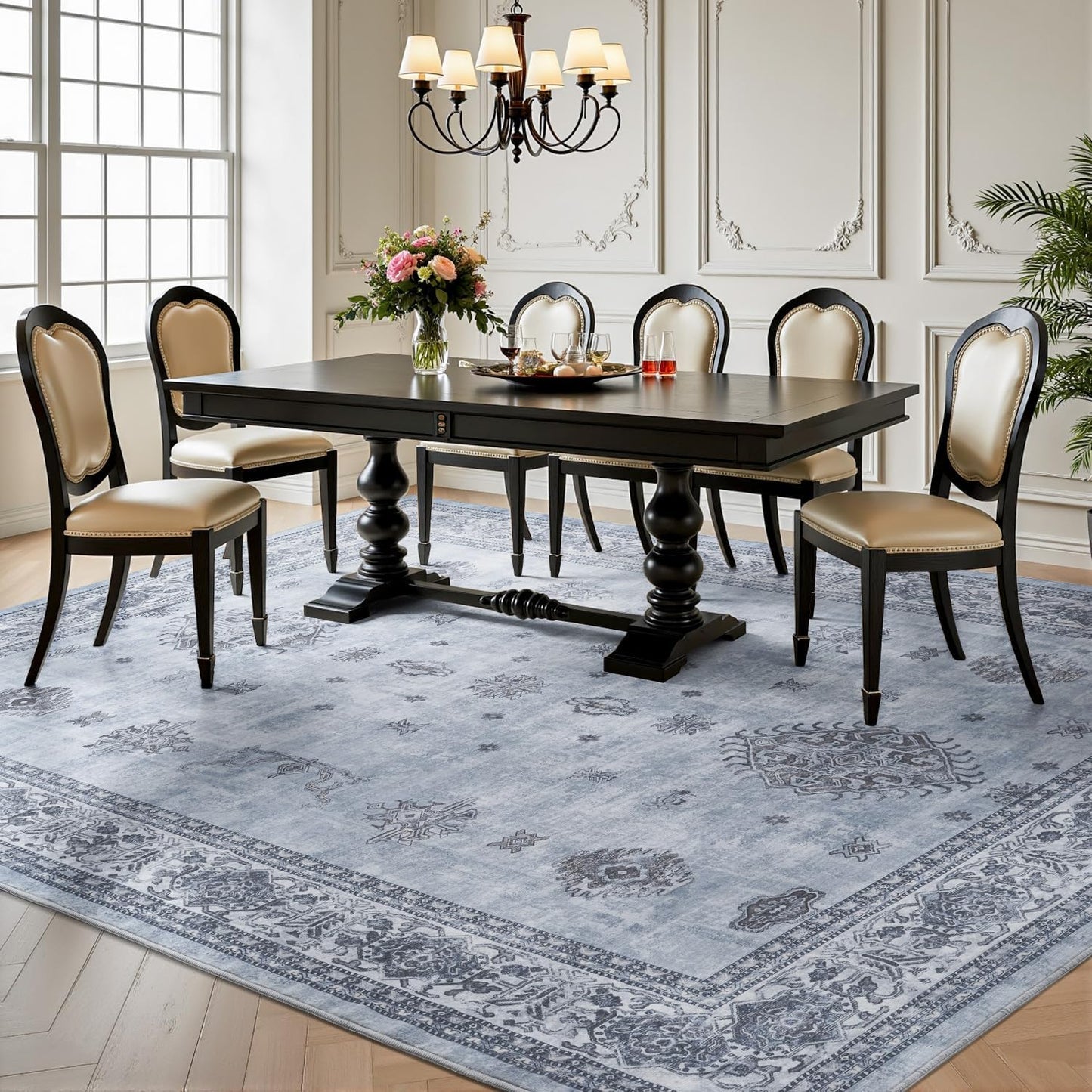 AMOAMI-Vintage Area Rug 6X9 Blue Rugs for Living Room-Soft Living Room Rug Non Slip Rugs for Bedroom Carpet Machine Washable Rug for Dining Room Bedside Office Room Decor