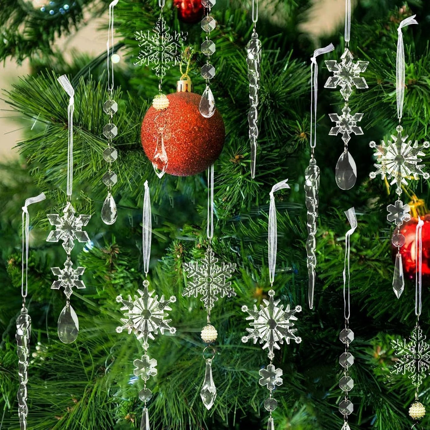 Christmas Tree Decoration Crystal Ornaments - 32pcs Acrylic Christmas Ornaments Snowflake Icicle Drop Crystal Hanging Ornaments for Xmas Tree Winter Holiday Frozen Party Decorations
