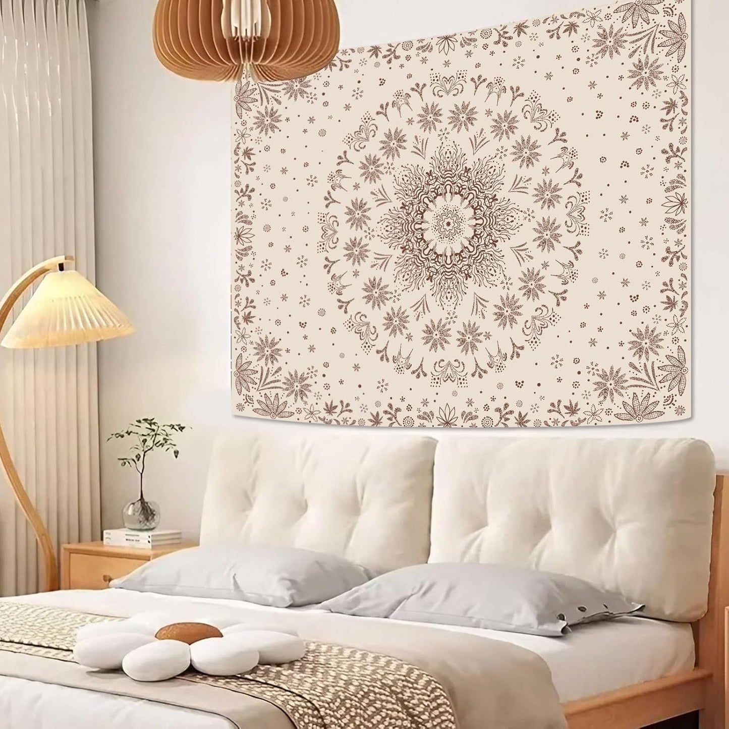 Fowocu Boho Floral Mandala Tapestry Wall Hanging Bohemian Flower Medallion Tapestry Aesthetic Beige Brown Hippie Indian Small Tapestries for Bedroom Living Room Dorm Decor 48 x 36 Inch