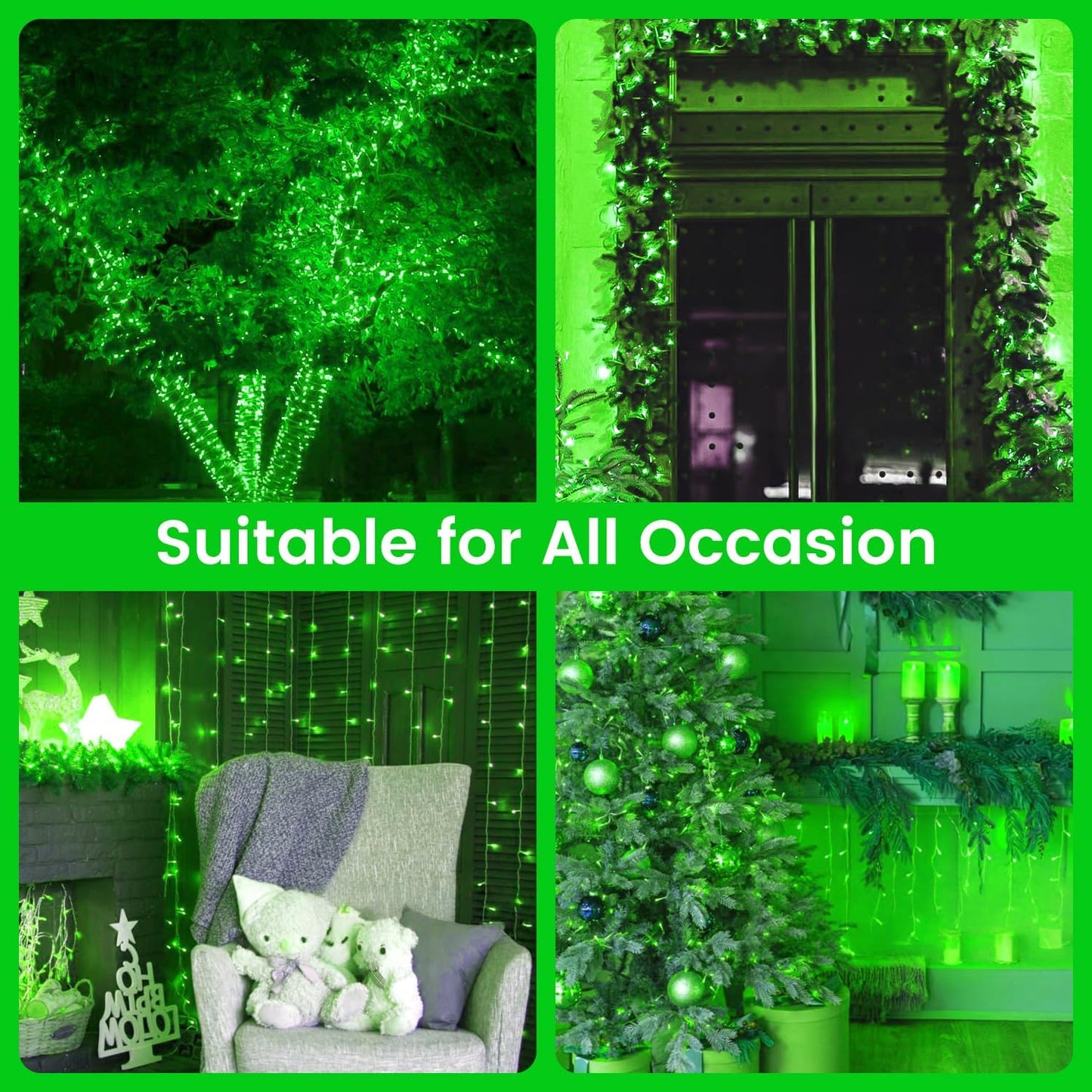 2 Pack Halloween String Lights Battery Operated with Timer, 66FT 200 LED Waterproof Battery Fairy Lights, 8 Modes Twinkle Light for Indoor & Outdoor Party Bedroom Garland Tree Christmas Decor (Green)