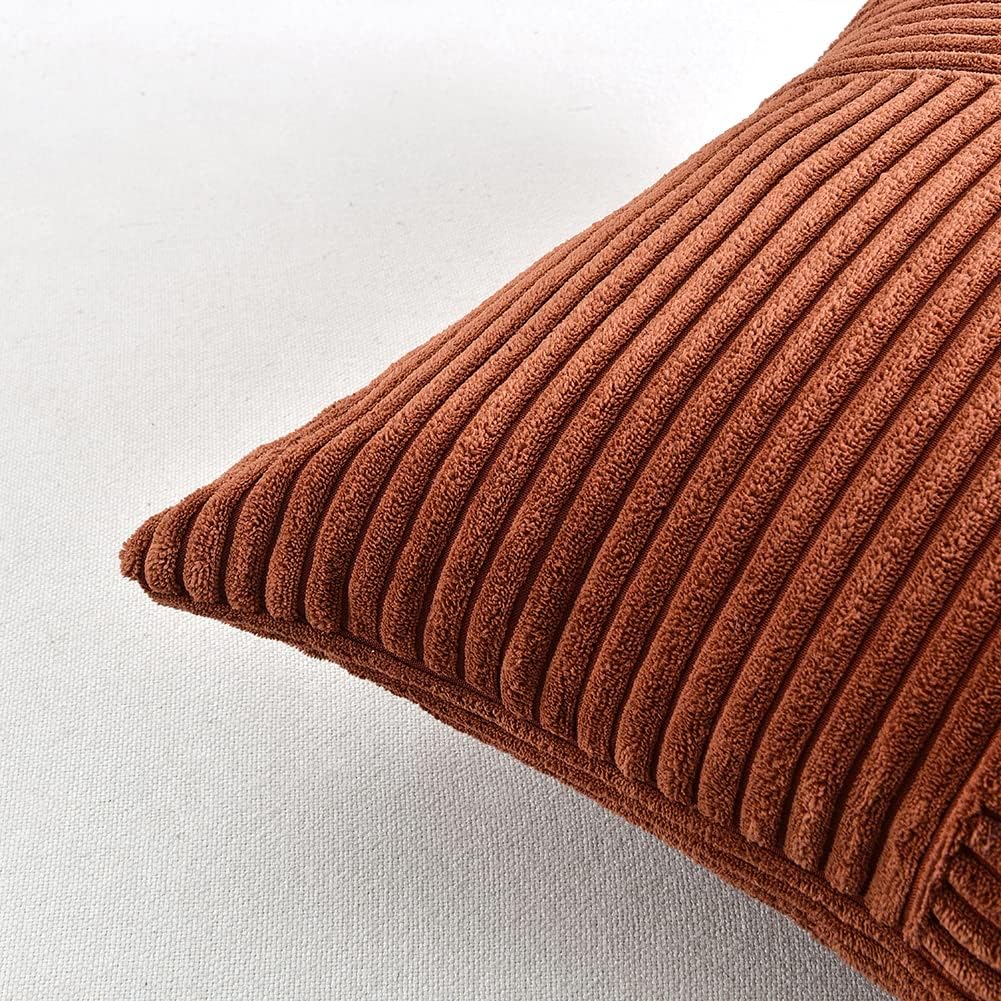 Fancy Homi 2 Packs Rust Lumbar Decorative Throw Pillow Covers 20x28 Inch for Couch Bed Sofa, Rustic Farmhouse Boho Home Decor, Soft Striped Corduroy Rectangle Accent Terracotta Cushion Case 50x70 cm