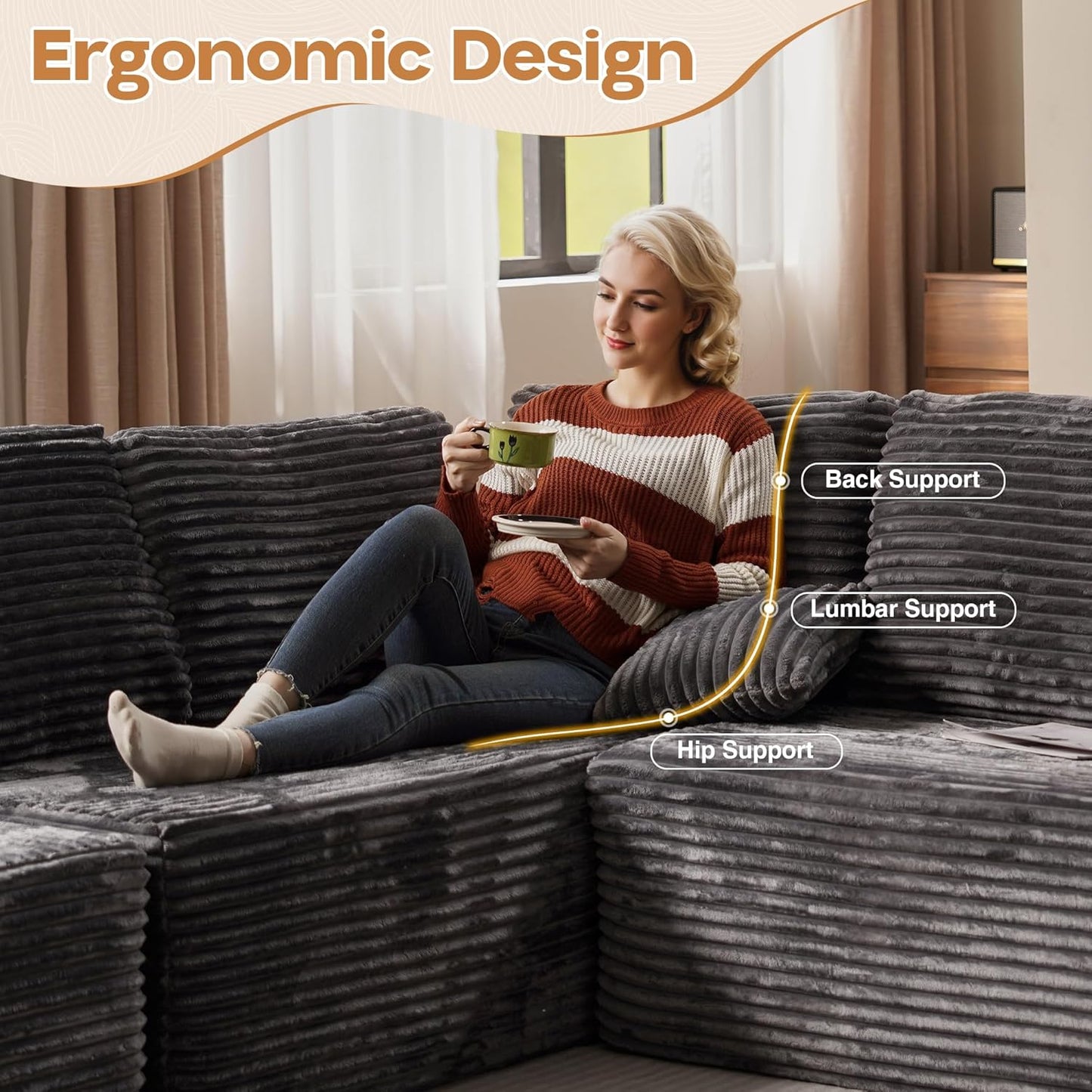 Cloud Sectional Couches for Living Room,U Shaped Modular Sofas No Assembly,135x100 Inches Plush Corduroy Oversized Floor Couch Set with Deep Seat Chaise,Grey