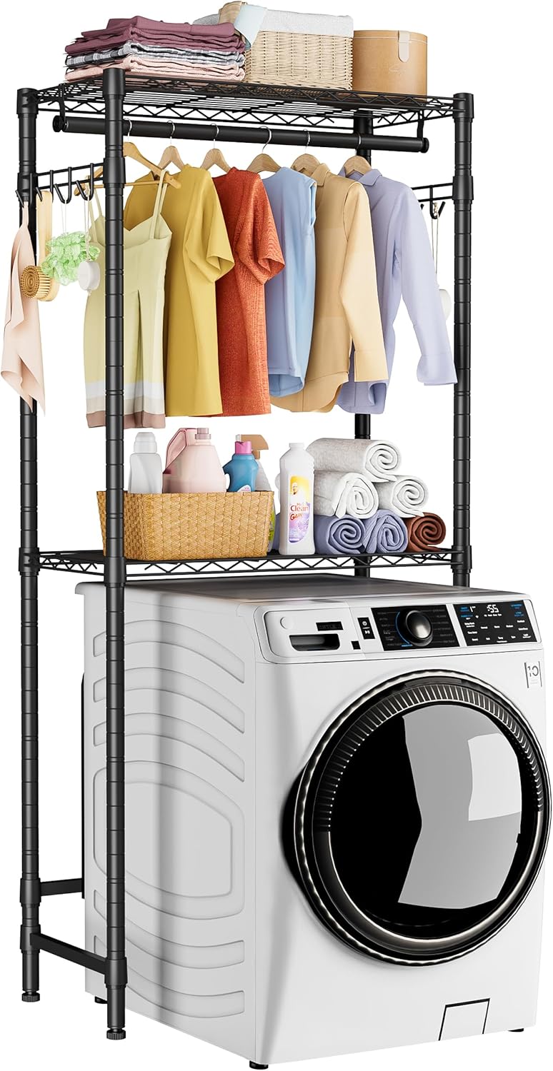 Over Washer and Dryer Shelves,2 Tier Adjustable Height Wire Shelving Laundry Room Storage Organization Clothes Drying Rack with Hanger Rod&Hooks,Space Saving Organizers Shelf,Black