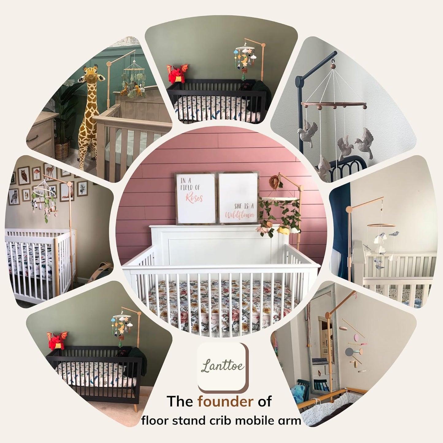 Crib Mobile Arm Wooden Floorstanding - 61 Inches Mobile Arm for Crib|Movable Baby Mobile Hanger|Strong Anti-Dumping Attachment|100% Natural EU Beech Wood|Thicker Wooden Pole|Boho Nursery Decor