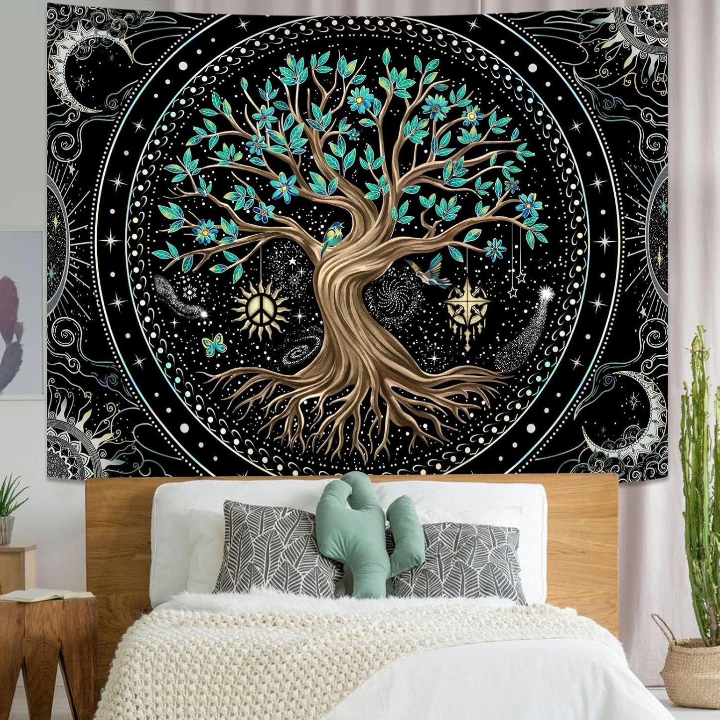Lunerfex Tree of Life Tapastry Butterfly Moon Tapastry Flower Green Tree Tapestries Mandala Wall Hanging for Bedroom and Living Room Decor 44×60 Inches