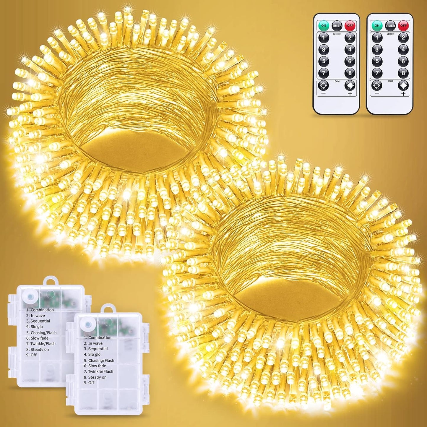 JMEXSUSS 2 Pack Battery Operated String Lights with Remote, Total 66ft 200 LED Battery Christmas Lights Outdoor Indoor, Twinkle Light for Christmas Tree Bedroom Porch Garland Yard Decor (Warm White)