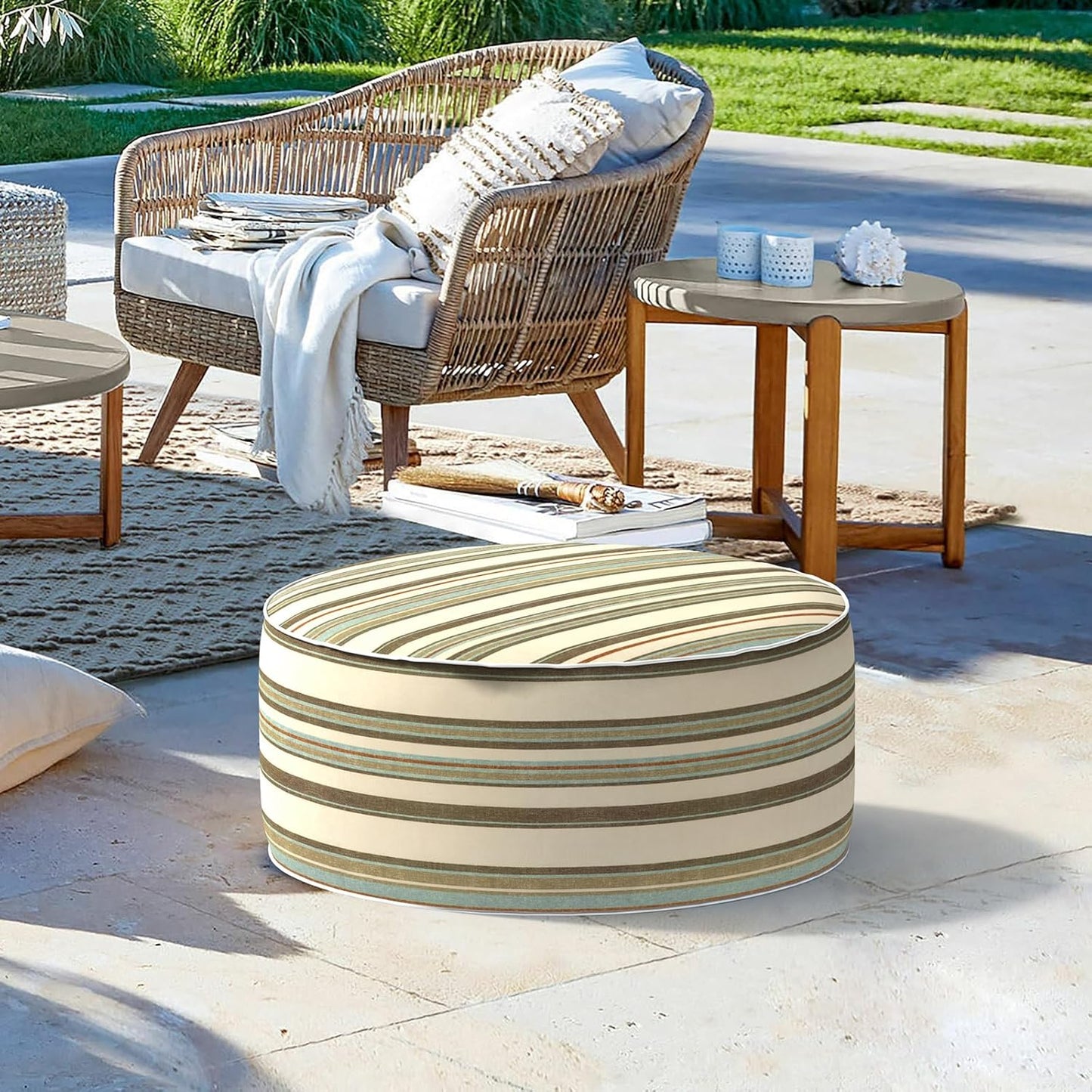 LVTXIII Inflatable Stool Ottoman Footrest with Handle, Decorative Fade-Resistant Foot Stool, Indoor or Outdoor Pouf for Home Garden and Camping Use, 21x21x9, Stripe Onyx