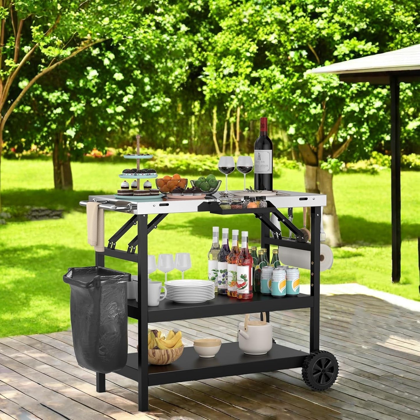 ERGOMASTER Grill Table Cart, Outdoor Kitchen Island with 4-Position Adjustable Shelf, Stainless Steel Serving Cart for Patio Garden
