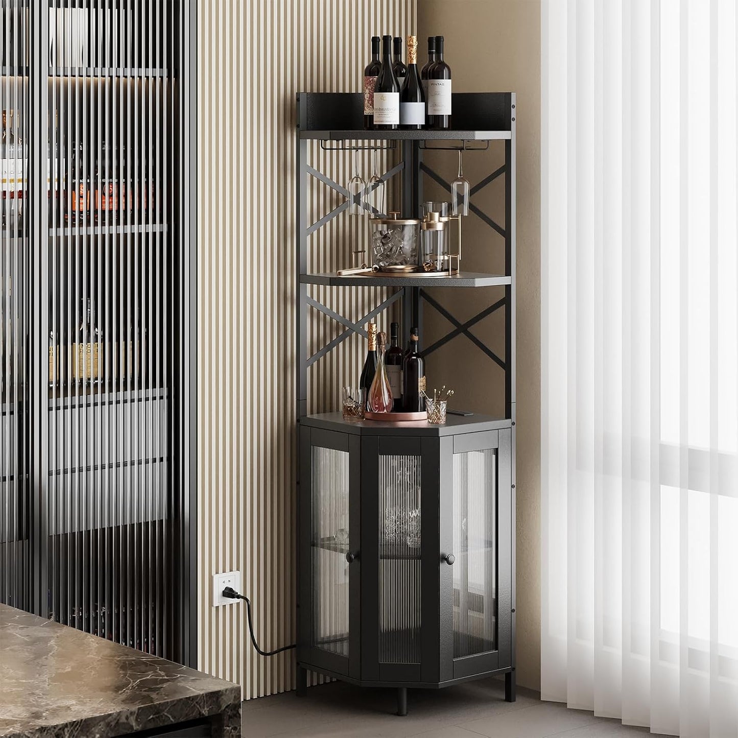 Corner Bar Cabinet with Power Outlet, 5-Tier Corner Wine Cabinet with Led Strip and Glass Holder, Industrial Tall Liquor Cabinet Bar Wine Rack for Home，Black