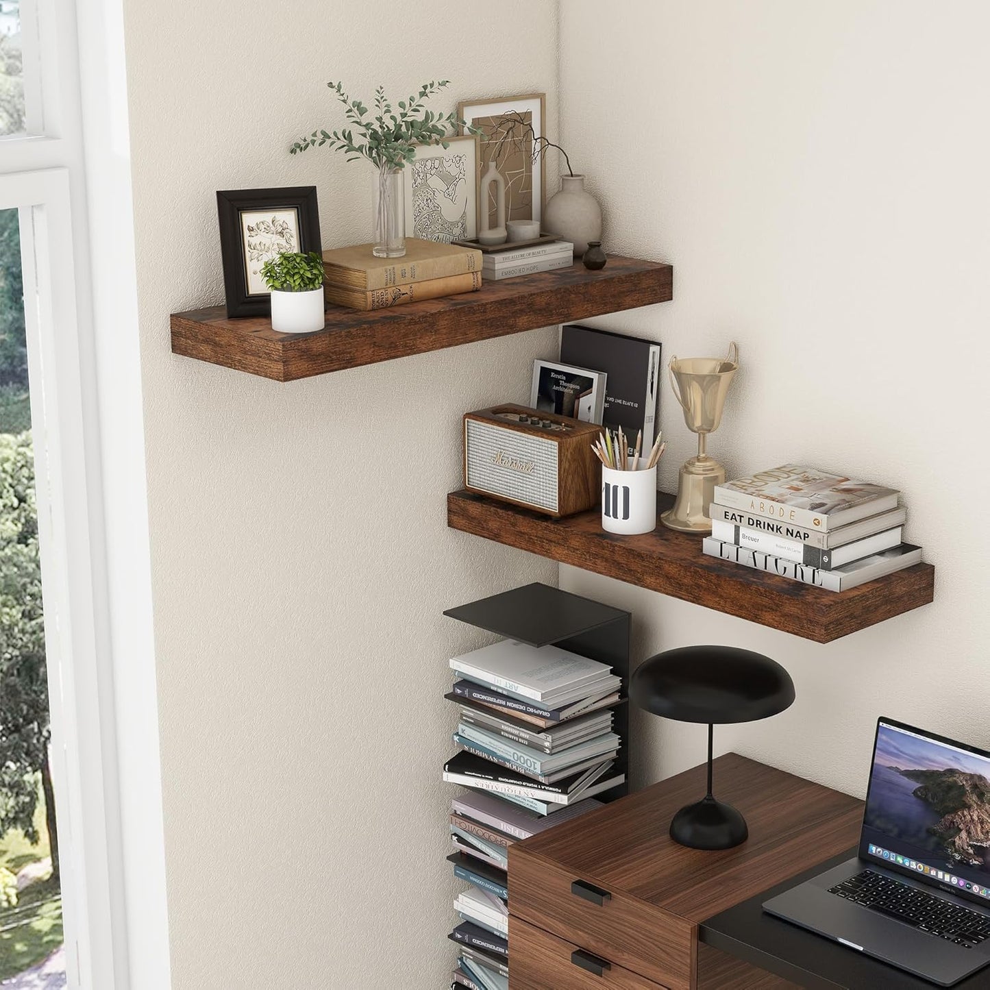 Deep Floating Shelves, 12 Inch Deep Rustic Floating Shelves for Wall Set of 2, 36W x 12D Large Wood Shelves for Living Room Bathroom Laundry Room Bedroom Kitchen Home Office - Rustic Brown