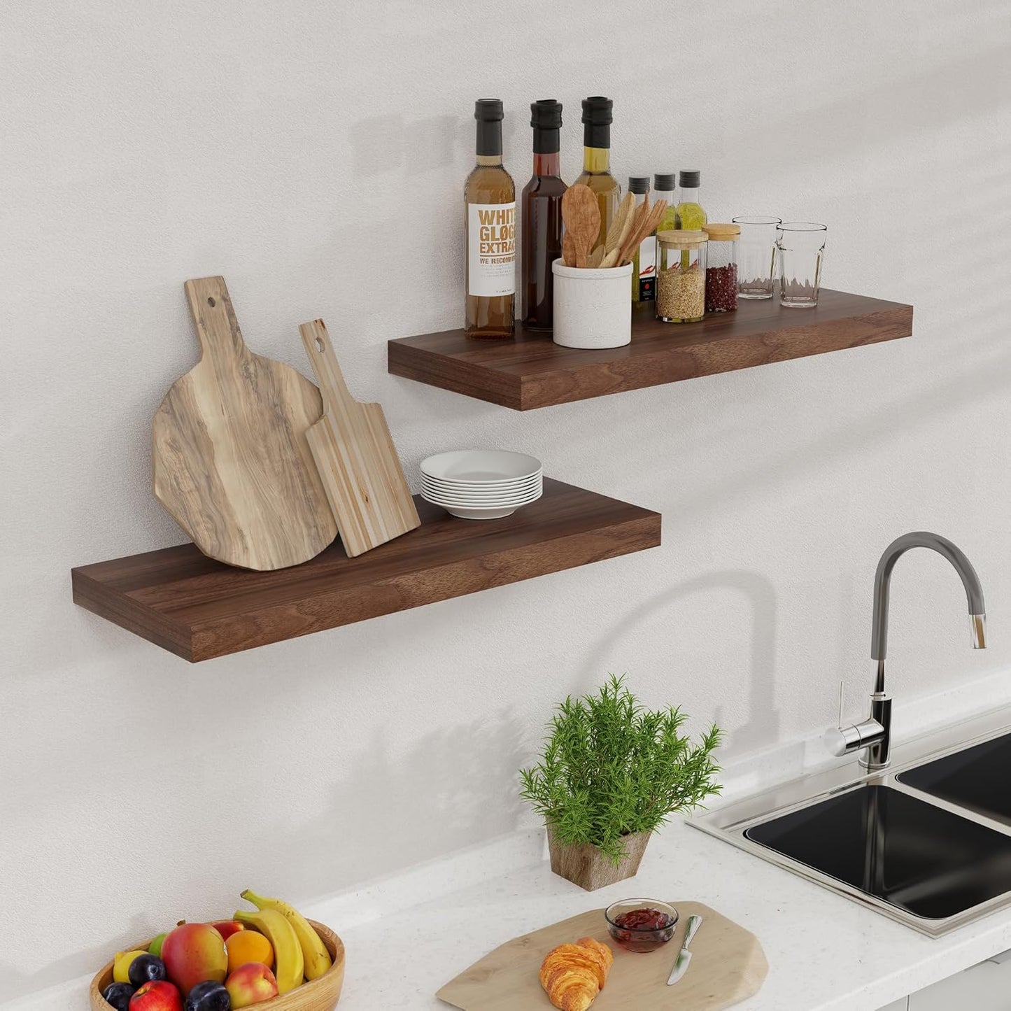 24 x 9 Floating Shelves, 9 Inch Deep Floating Shelf Wall Mounted, 24 Inch Bathroom Shelves Set of 2, Rustic Wood Wall Shelf for Bedroom, Living Room, Walnut Color
