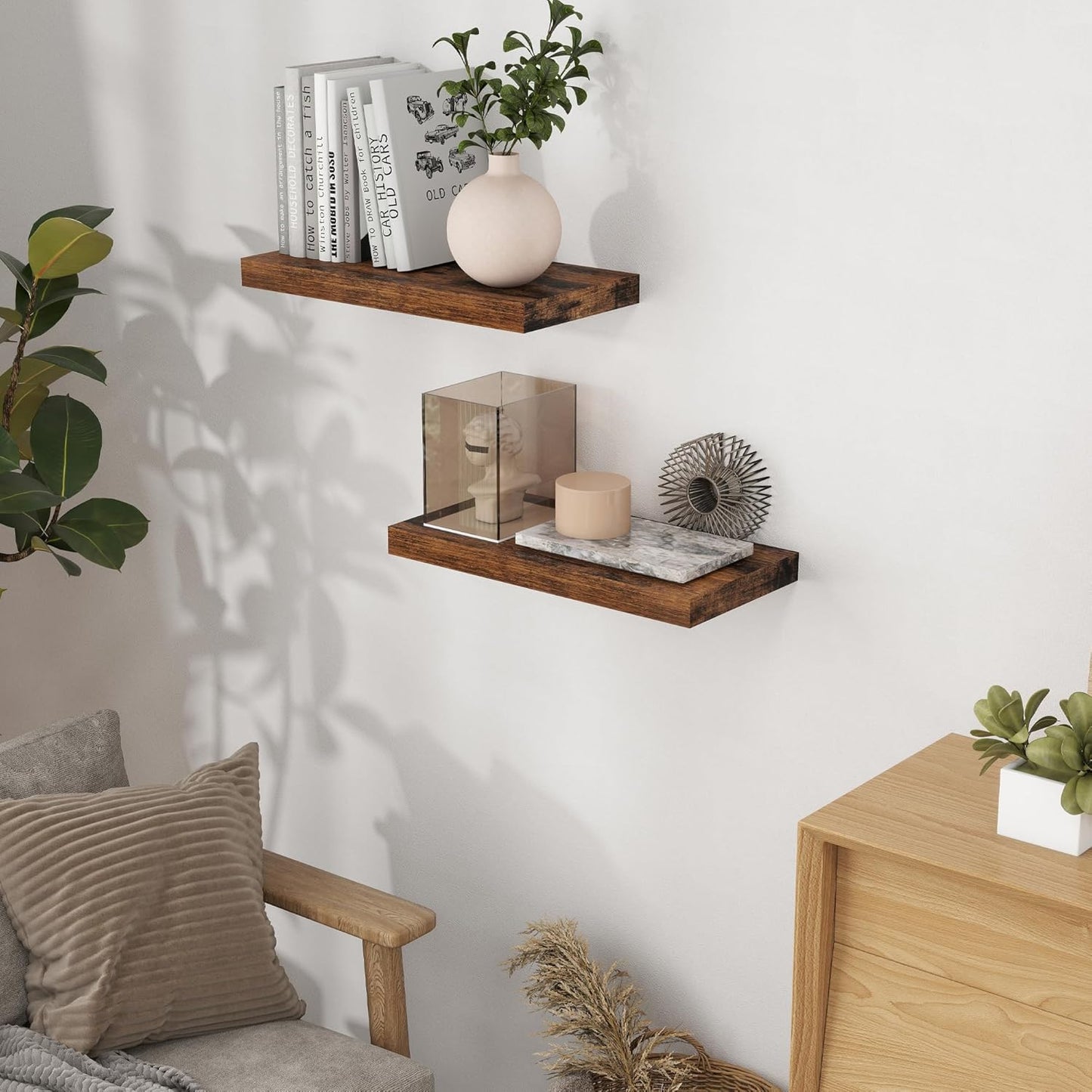 Fun Memories 16 Floating Shelves, 9 Inch Deep Wall Shelf for Bathroom, Rustic 16 x 9 Floating Shelf for Kitchen, Bedroom, Wide Wooden Shelves Wall-Mounted, Rustic Brown Color, Set of 2
