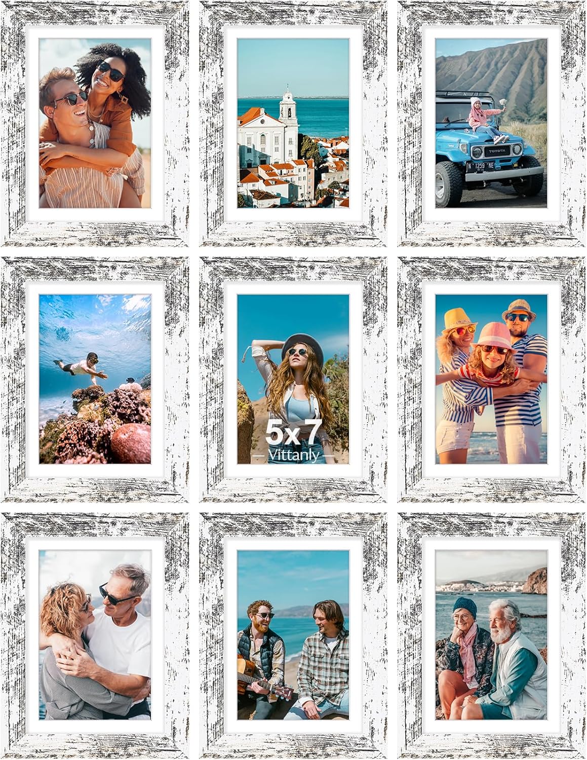 Vittanly 5x7 Picture Frames Set of 9, Shatter Resistant Plexiglass, Display 4x6 Pictures with Mat or 5x7 without Mat, Photo Frames for Wall or Tabletop, Engineered Wood, Distressed White