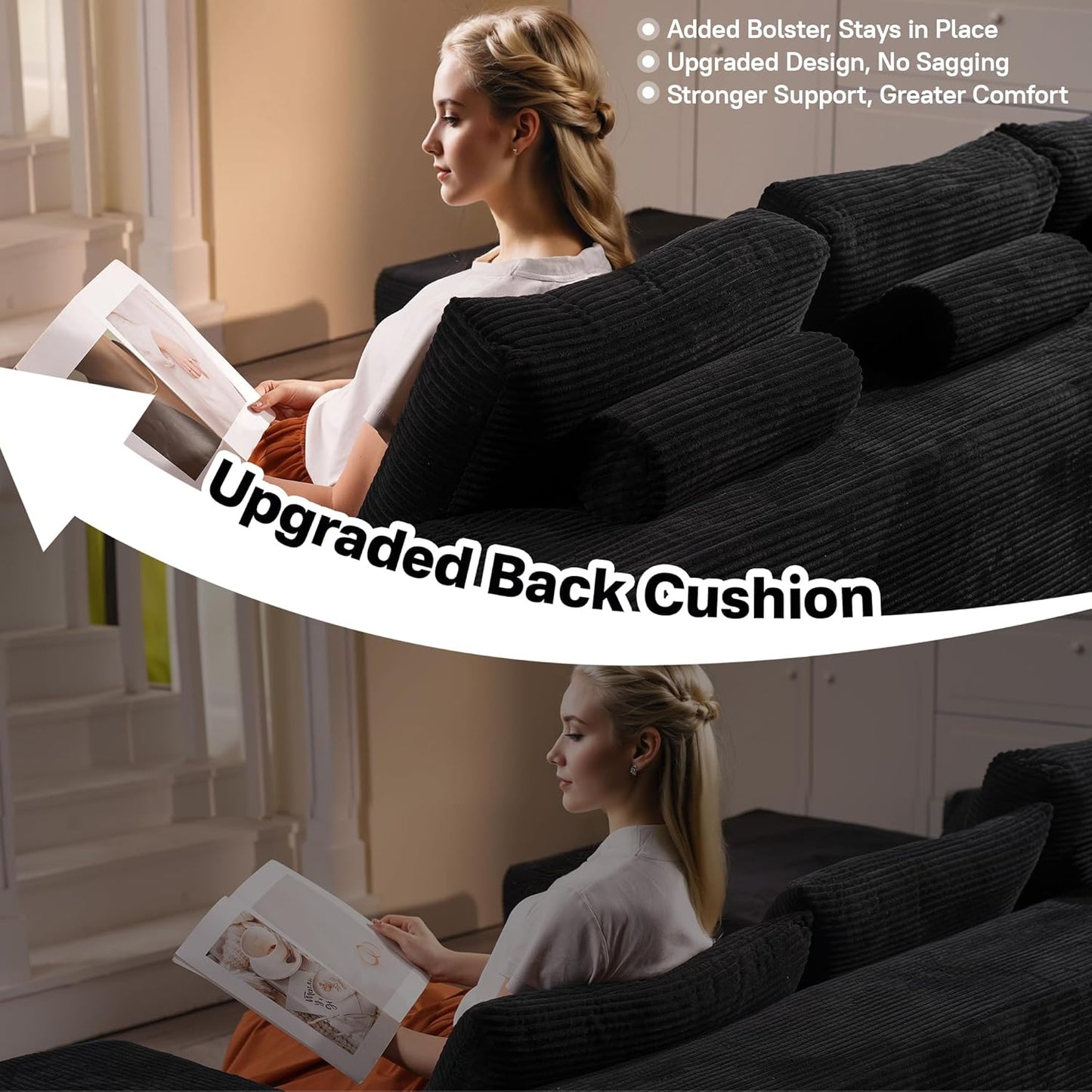 104" Cloud Sectional Couches for Living Room,L Shaped Boneless Couch in A Box,Sleeper Sofa with Comfy Chaise No Assembly Required,Black