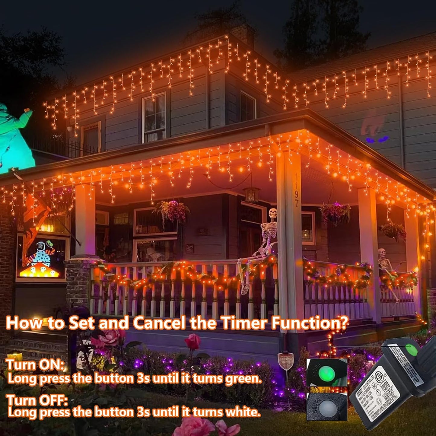 YEGUO 66ft 800 LED Orange Halloween Lights, Connetable Icicle Light Outdoor Waterproof, 8 Modes Christmas Lights Indoor Plug in for Thanksgiving House Patio Fall