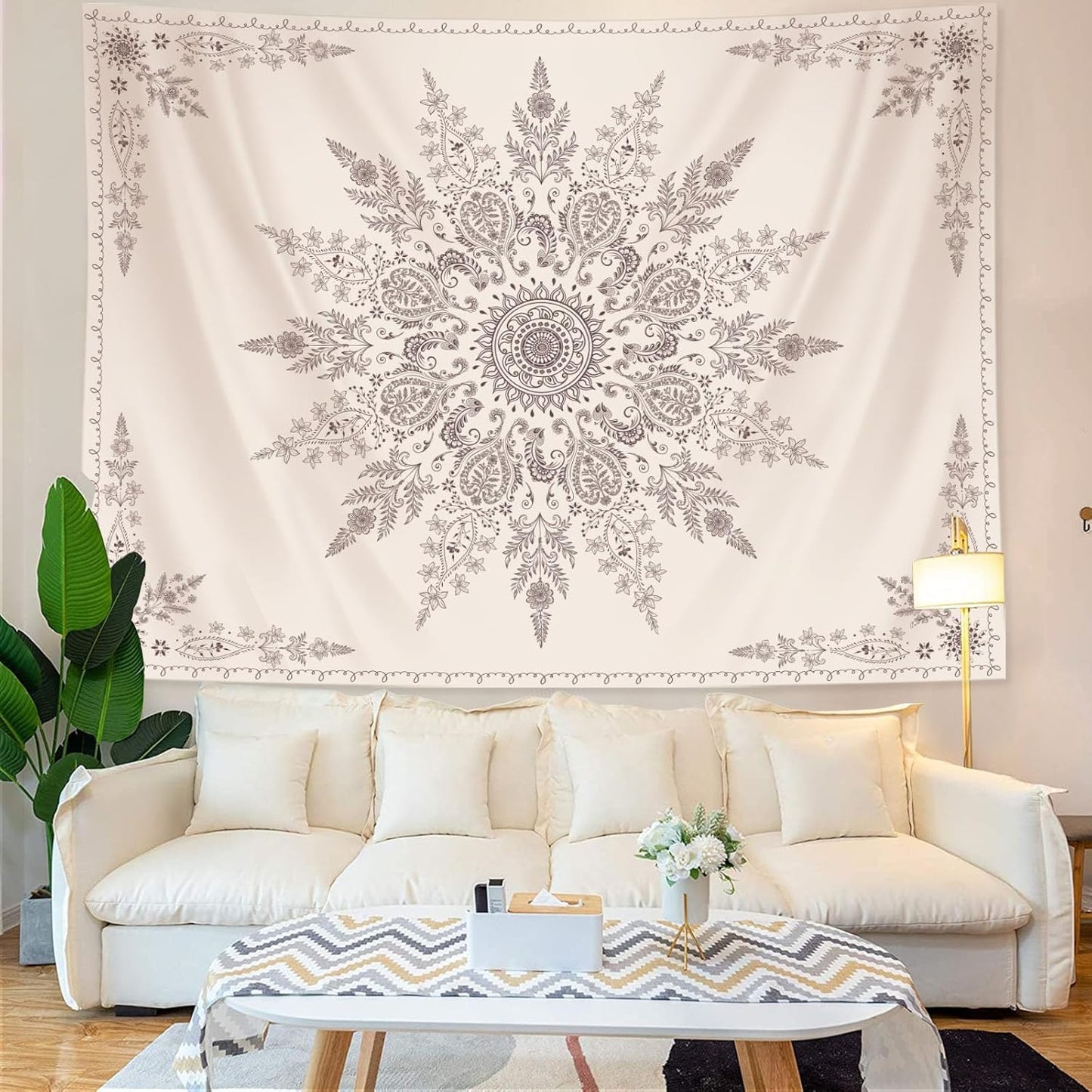 Lunerfex Boho Floral Tapestry Mandala Wall Tapestry, Cute Tapestries for Bedroom Beige Flower Tapestries Wall Hanging for Bedroom Living Room Decor Beige-2 44"x60"