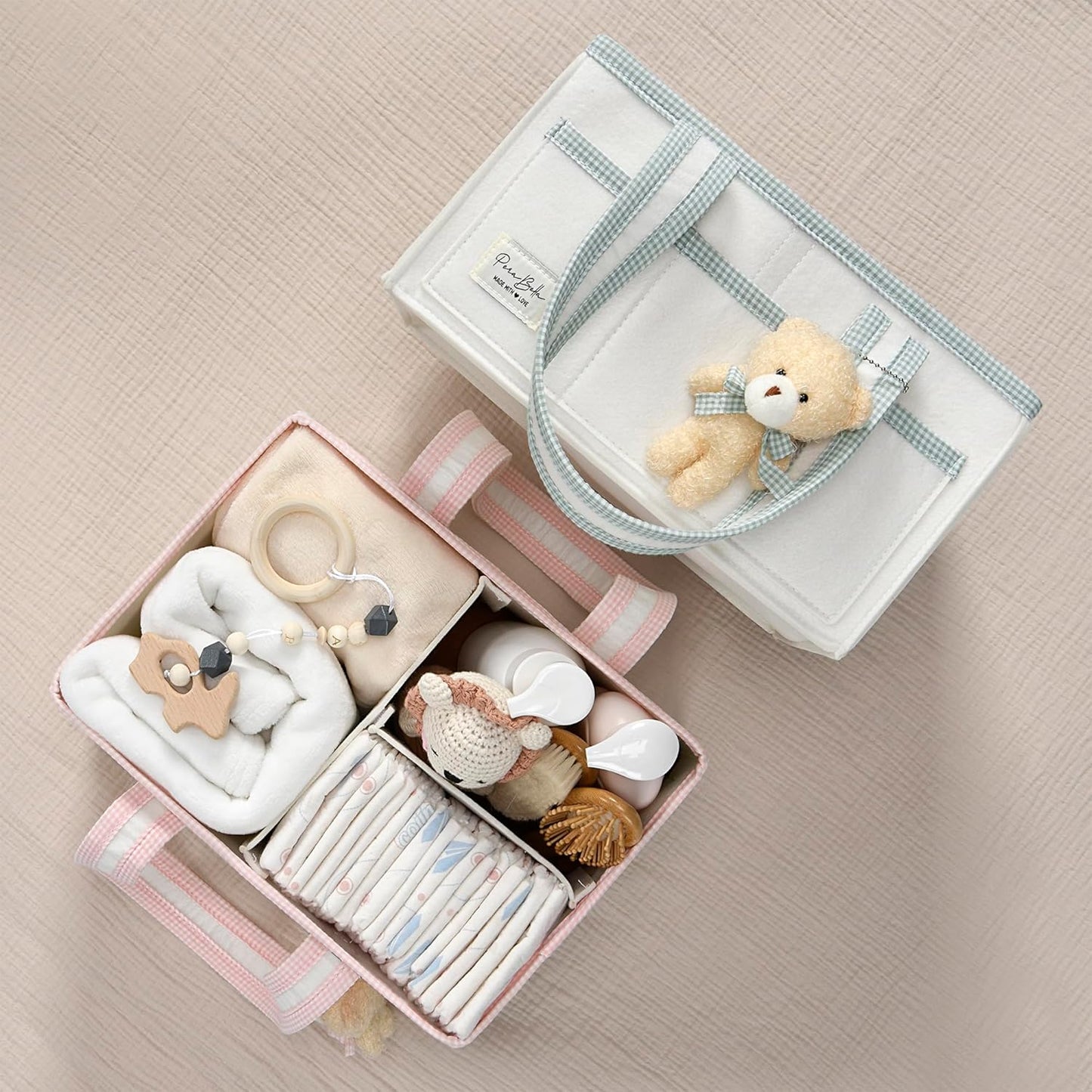 PeraBella Diaper Caddy Organizer with Handle, Baby Shower Gifts Basket Bag, Registry Search Must Haves Items, Nursery Storage Organizer for Newborn Girl Boy, Baby Bag Essentials, Car Diaper Caddy Cart