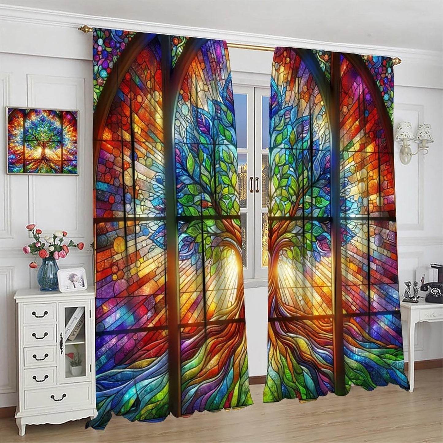 Stained Glass Curtains,Tree of Life Colorful Abstract Art Home Decor Drapes for Bedroom Living Room Kitchen Window Treatment 2 Panels Set Total Size 42" W X 45" L Inch