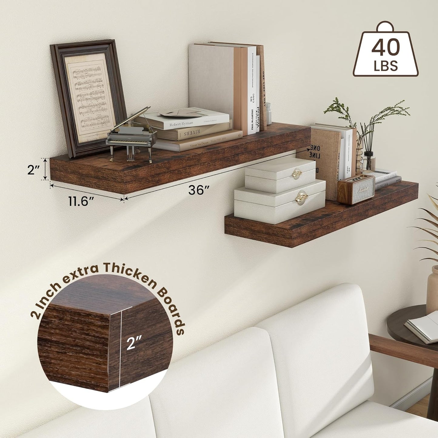 Deep Floating Shelves, 12 Inch Deep Rustic Floating Shelves for Wall Set of 2, 36W x 12D Large Wood Shelves for Living Room Bathroom Laundry Room Bedroom Kitchen Home Office - Rustic Brown
