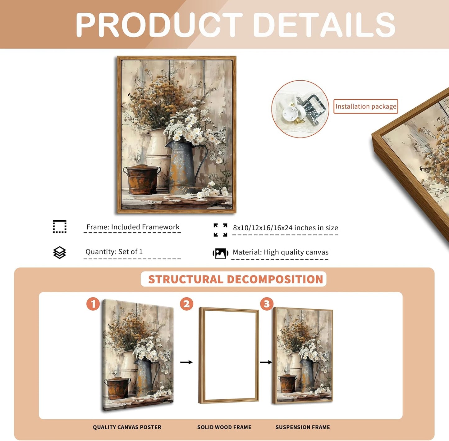 Floating Framed Farmhouse Vintage Canvas Wall Art, Country Floral Daisy Pictures Wall Decor, Wood Grain Art Paintings Poster for Living Room Bedroom Bathroom Rustic Decor 12x16 inch