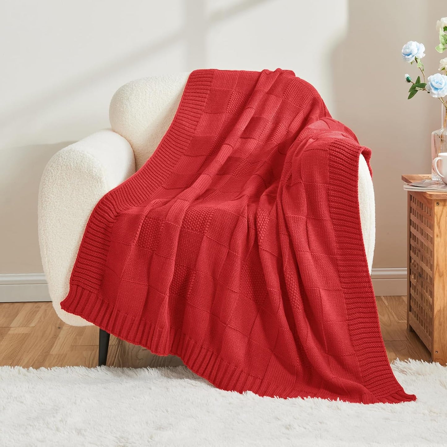 CozeCube Knit Throw Blanket,Christmas Red Checkered Bedroom Blanket for Couch,Soft Cozy Warm Knitted Blanket for Bed Sofa Living Room,Decorative Spring Fall Throw Blanket 50"X60",Christmas Red