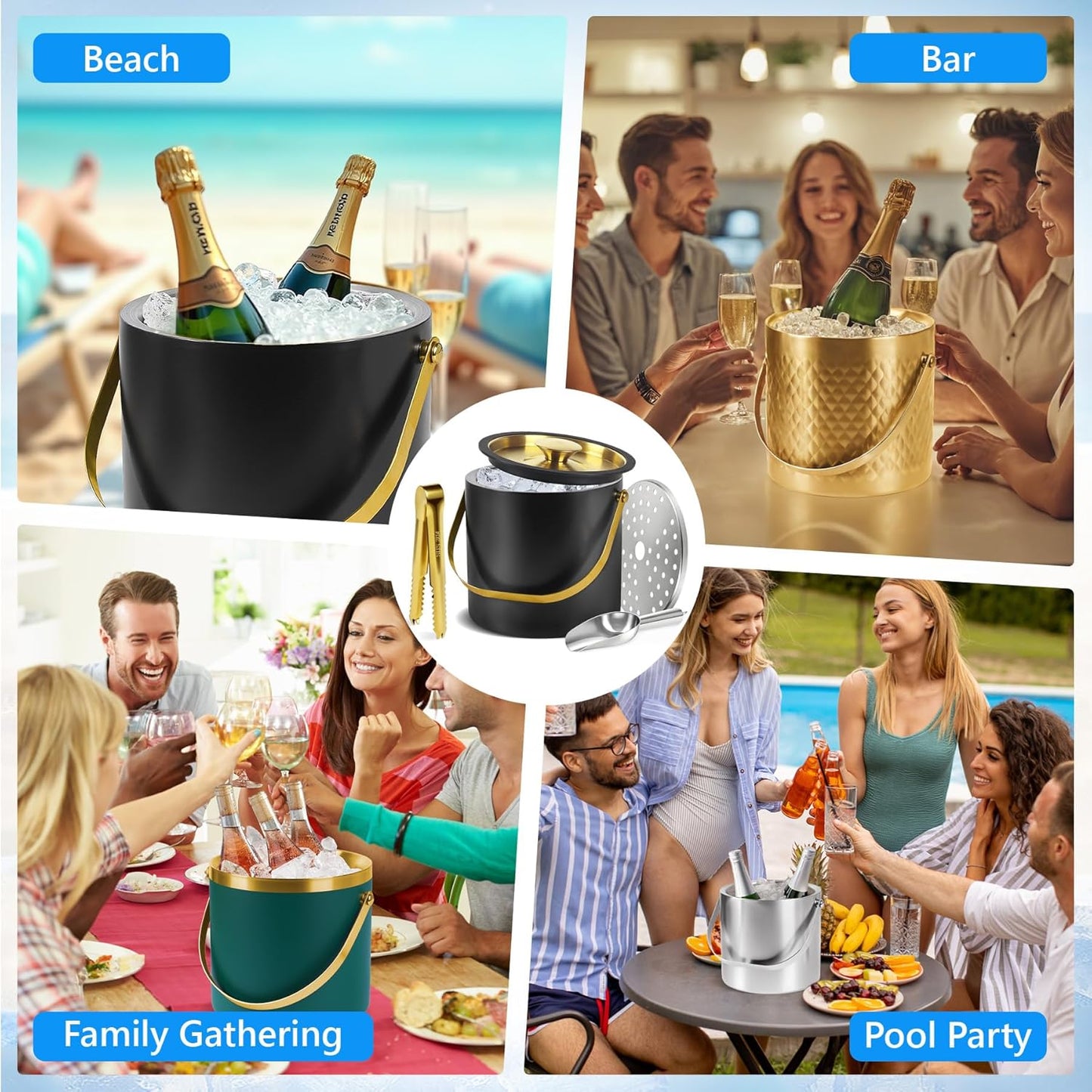 Ice Bucket, Ice Bucket with Silicone Sealing Ring Double-Wall Vacuum Insulation Champagne Buckets with Filter Layer Ice Tongs Ice Scoop (Black-Silver, 3 L)