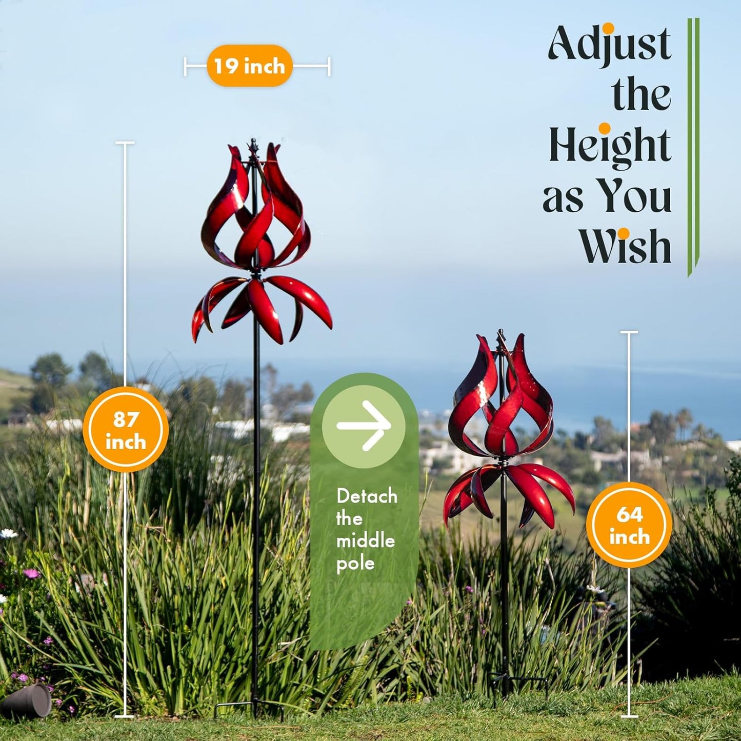 Large Garden Wind Spinner - Tulip Outdoor Yard Wind Sculptures & Spinners, Garden Decor Gift Ideas for Mother, Birthday, Housewarming (Dia19 x H87”)