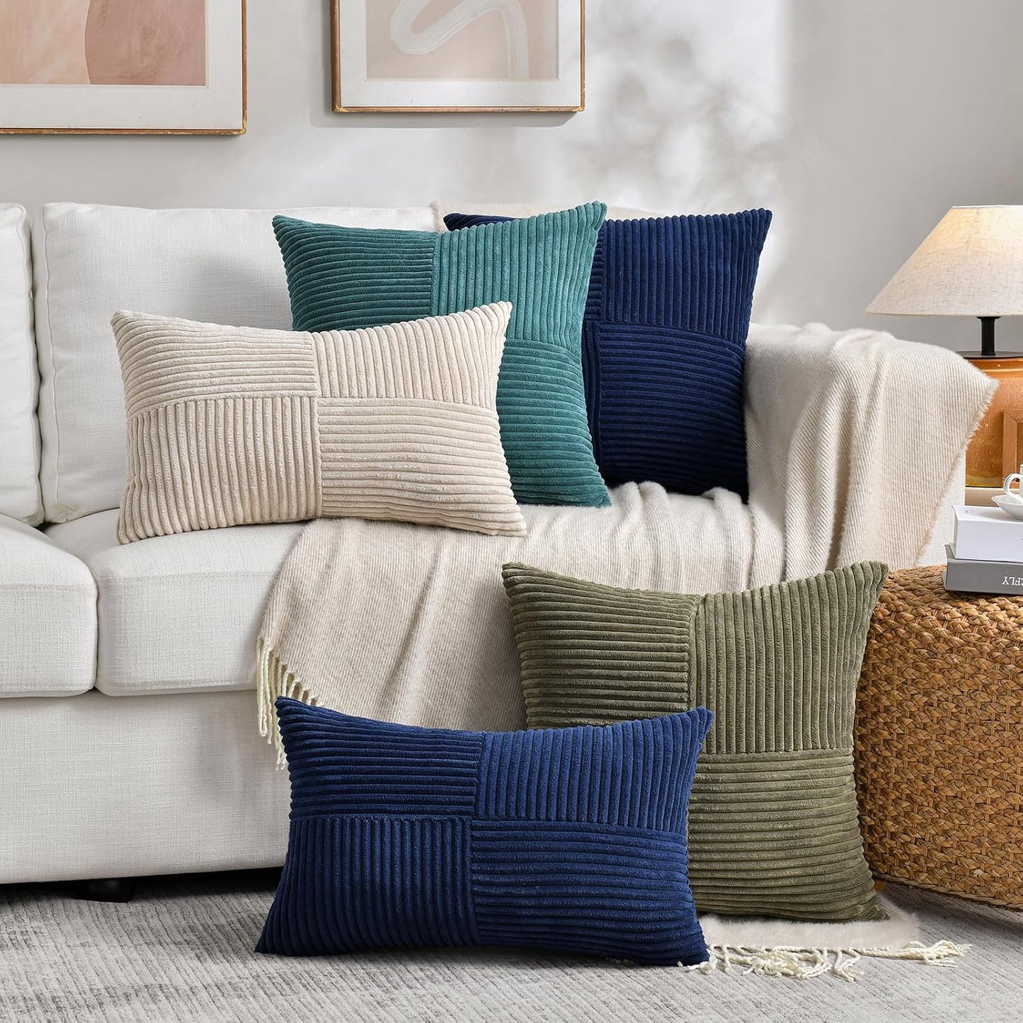 Fancy Homi 2 Packs Tan Long Lumbar Decorative Throw Pillow Covers 16x24 Inch for Couch Bed Sofa, Rustic Farmhouse Boho Home Decor, Soft Striped Corduroy Rectangle Accent Beige Cushion Case 40x60 cm
