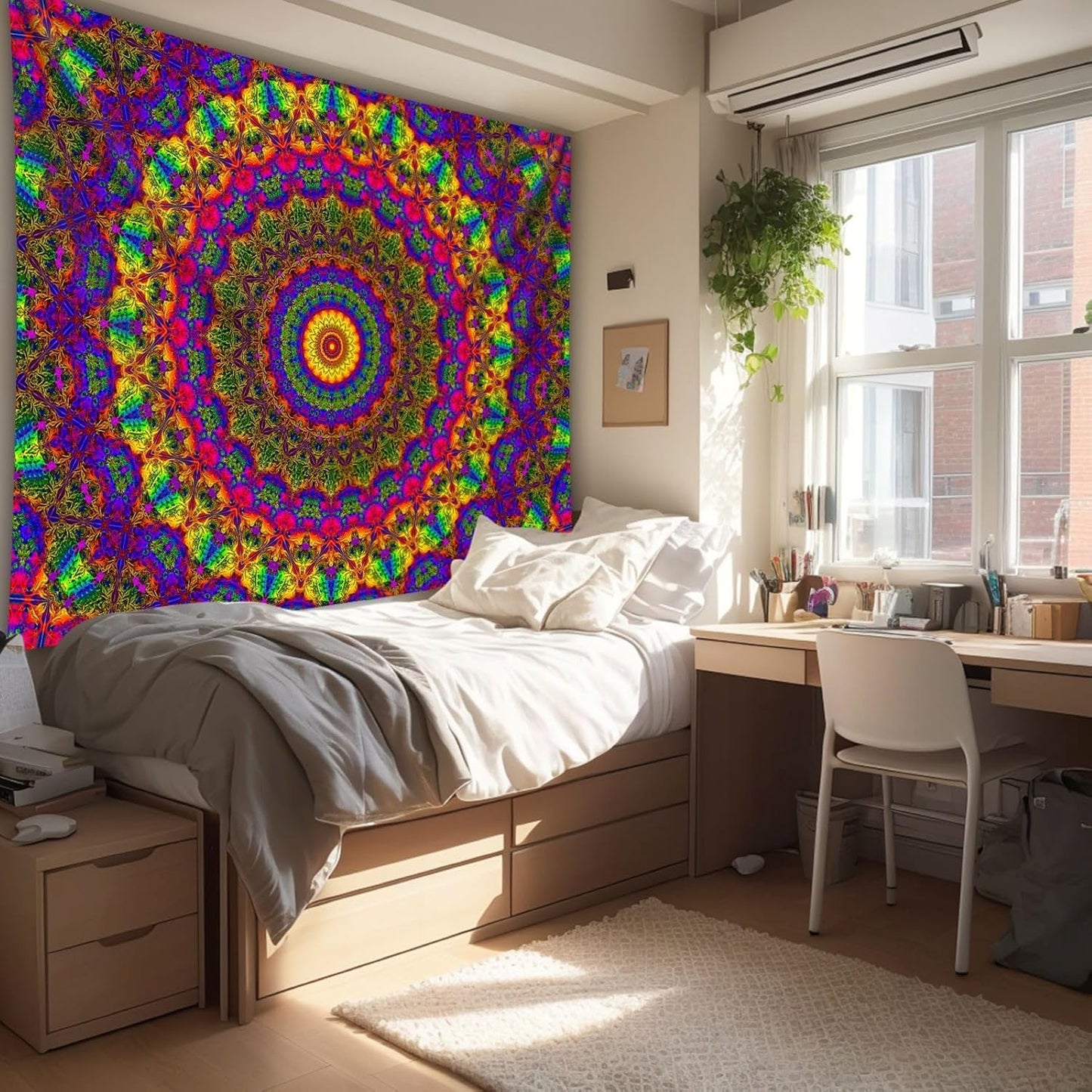 PSYHILAR Blacklight Mandala Boho Tapestry, Black Light Bohemian Hippie Poster for Adults and Teens, Aesthetic Colorful UV Reactive Wall Art Decor for Bedroom (40 x 30 Inches)
