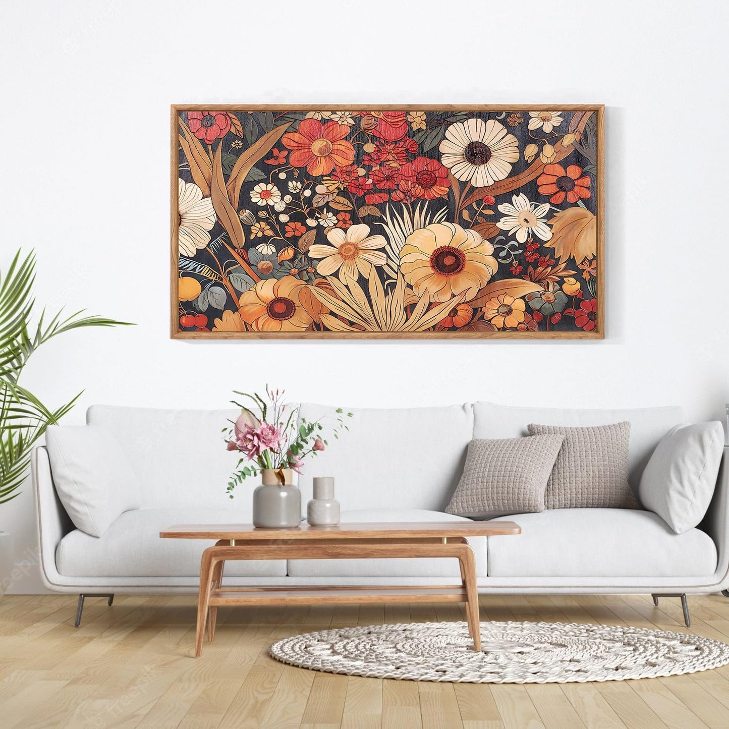Aurlan Boho Burnt Orange Terracotta Wildflowers Framed Wall Art(40"x20"), Abstract Floral 3D Textured Canvas Artwork, Large Modern Vintage Botanical Nature Art Wall Decor for Home Office Living Room Bedroom