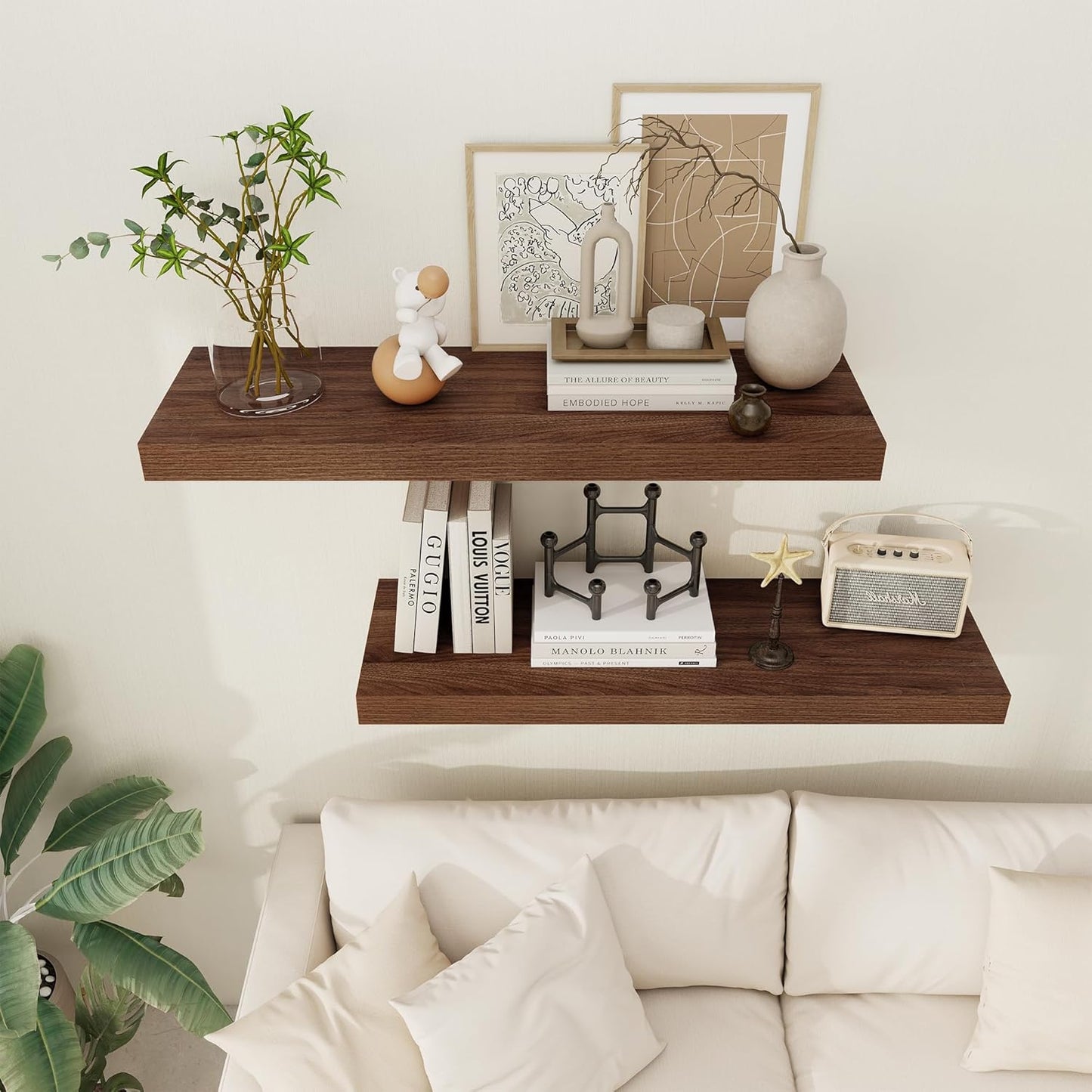 Floating Shelves 36 Inch Long, 12 Inch Deep Floating Shelves for Wall, 36 x 12 Shelves for Wall Storage & Display, 2" Thick Floating Shelf for Bathroom, Living Room, Bedroom, Walnut Color, Set of 2