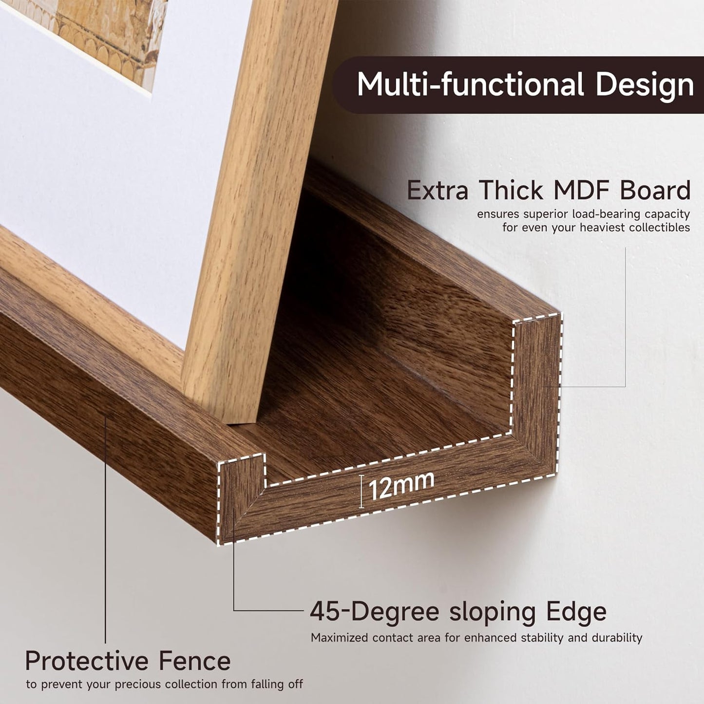 Floating Picture Ledge Shelves for Wall Set of 2, 55 Inches Picture Shelf with Ledge, Nursery Book Shelf for Toys Storage Kids Bookshelf Wall Mounted Living Room Bedroom Decor Frames, Walnut