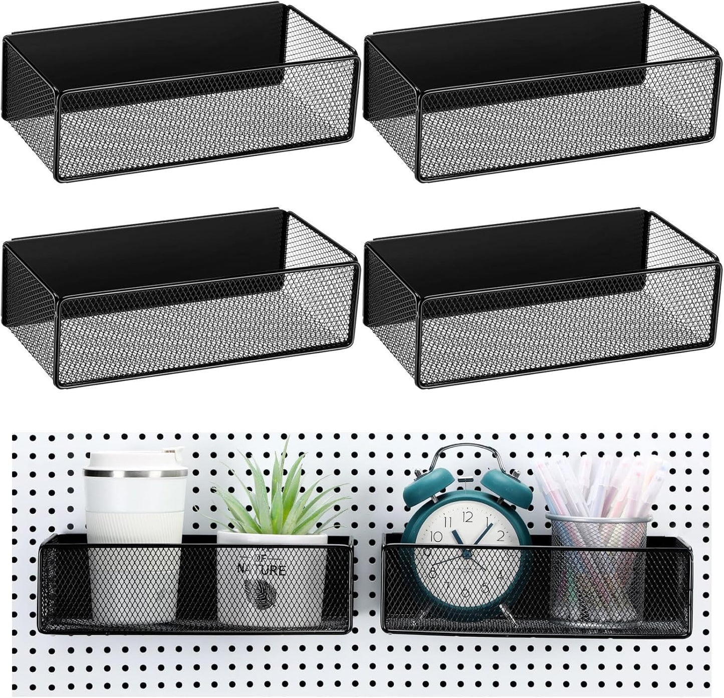 Tioncy 4 Pcs Magnetic Storage Bin Magnetic Locker Organizer for Pegboard Refrigerator Shelves Basket Container Wire Storage Holder for Kitchen Home Whiteboard(Black,10.6''l)