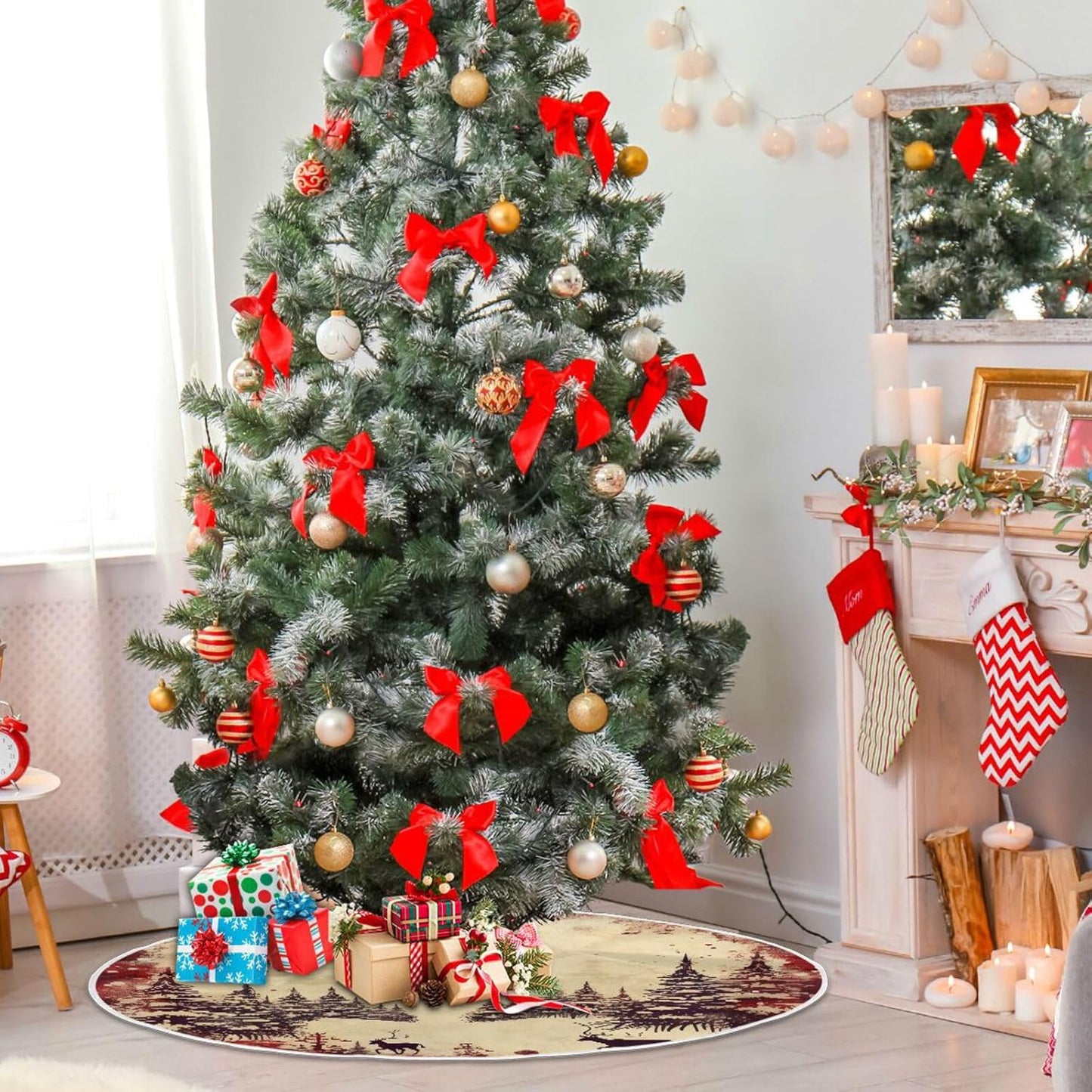 Vintage Red Elk Christmas Tree Skirt - 48 Inch Xmas Tree Mat for New Year Party Decorations