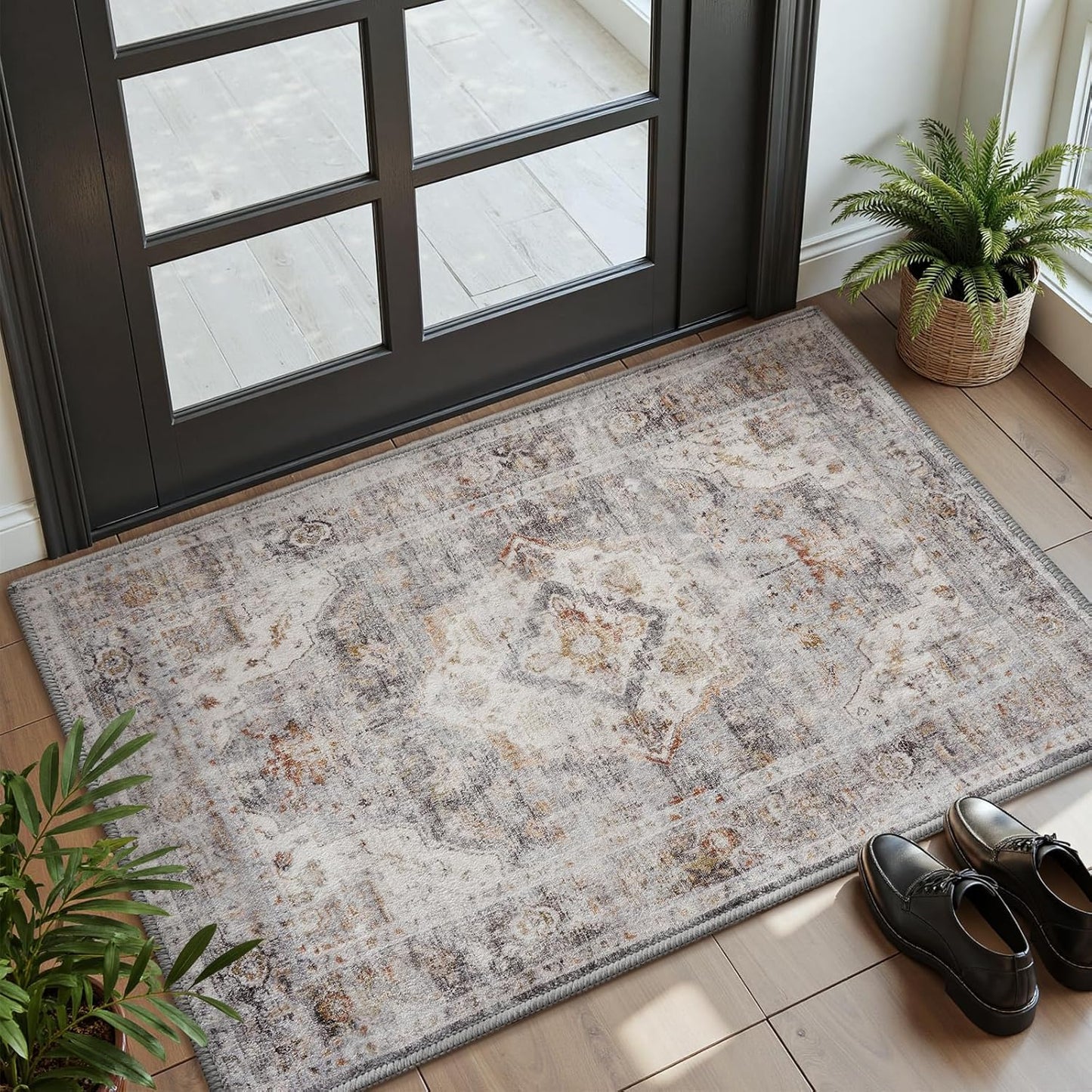 AMOAMI-2X3 Small Rug-Washable Rugs Entryway Mat Indoor-Soft Vintage Non Slip Rugs for Kitchen Laundry Room Bathroom Grey Decorative Accent Rug for in Front of Sink 24 Inch x36 Inch